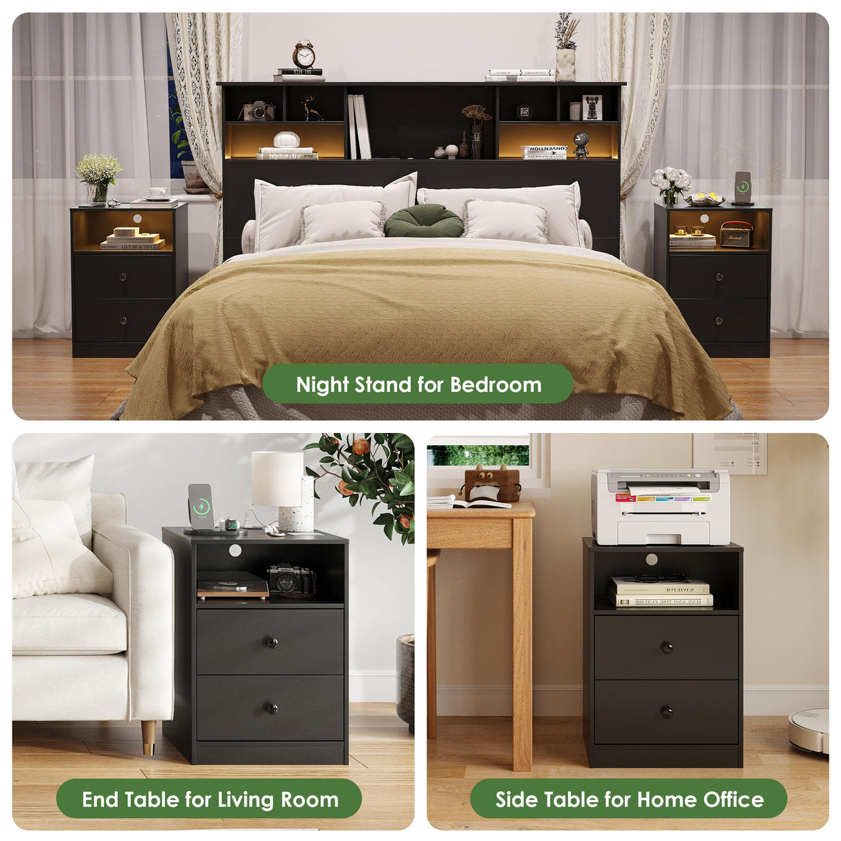 AYEASY Night Stand with Charging Station, LED Wood Black Nightstand Bedside Table with 2 USB Ports & Outlets, Nightstands with 2 Large Drawers, End Side Table Dresser with Storage Shelf for Bedroom. AYEASY