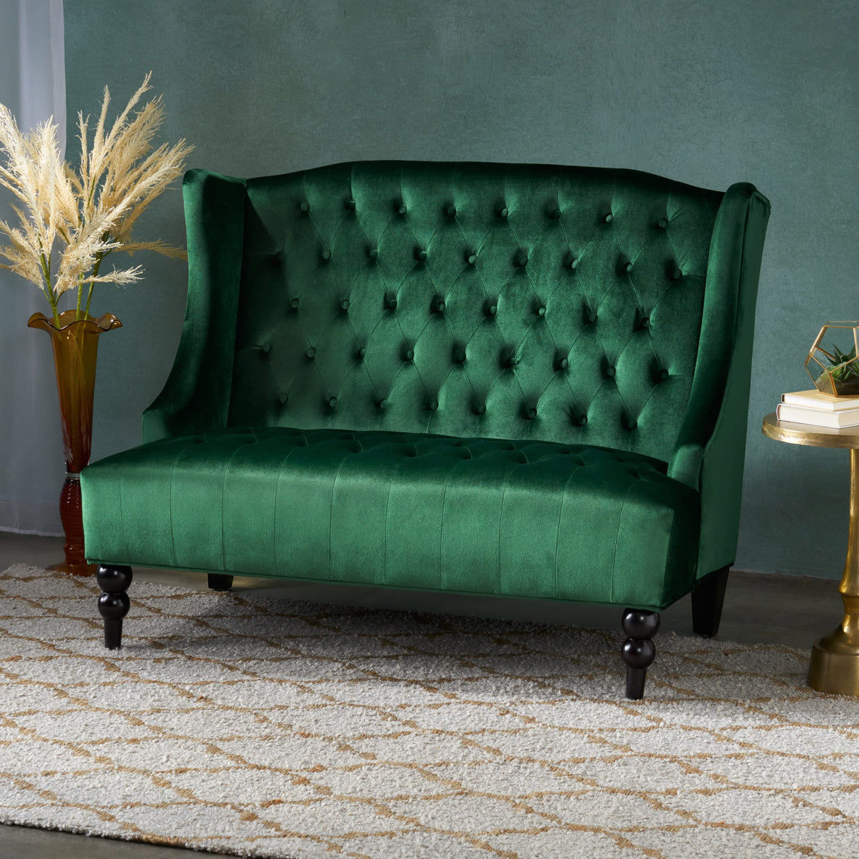 Modern Tufted Velvet Wingback Loveseat, Tufted Velvet 2 Seat Couch Sofas with High Back Thick Padded Cushioned Seats for Living Room, Victorian Style, Emerald Merax