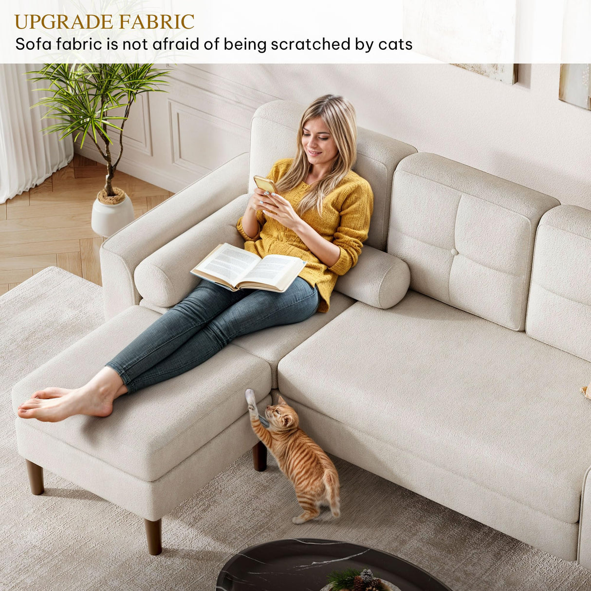 YITAHOME 78" Sectional Sofa Couch with Removable Ottoman, Cat-Scratch-Proof Fabric Sofa for Living Room Apartment, L-Shaped Sofa with 2 Cylinder Neck Pillows and Storage Pocket, Beige YITAHOME