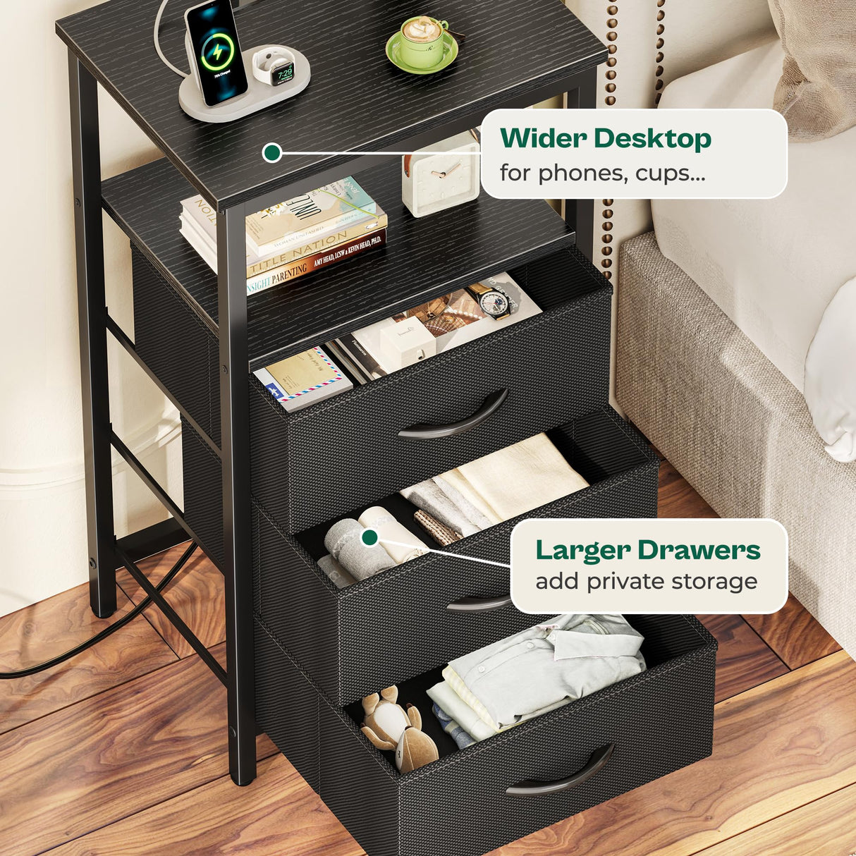 Huuger Night Stand with Charger Station and LED Lights, 3 Drawer Nightstand, Bed Side Table with Open Shelf, End Table, Tall Fabric Dresser for Bedroom, Black Huuger