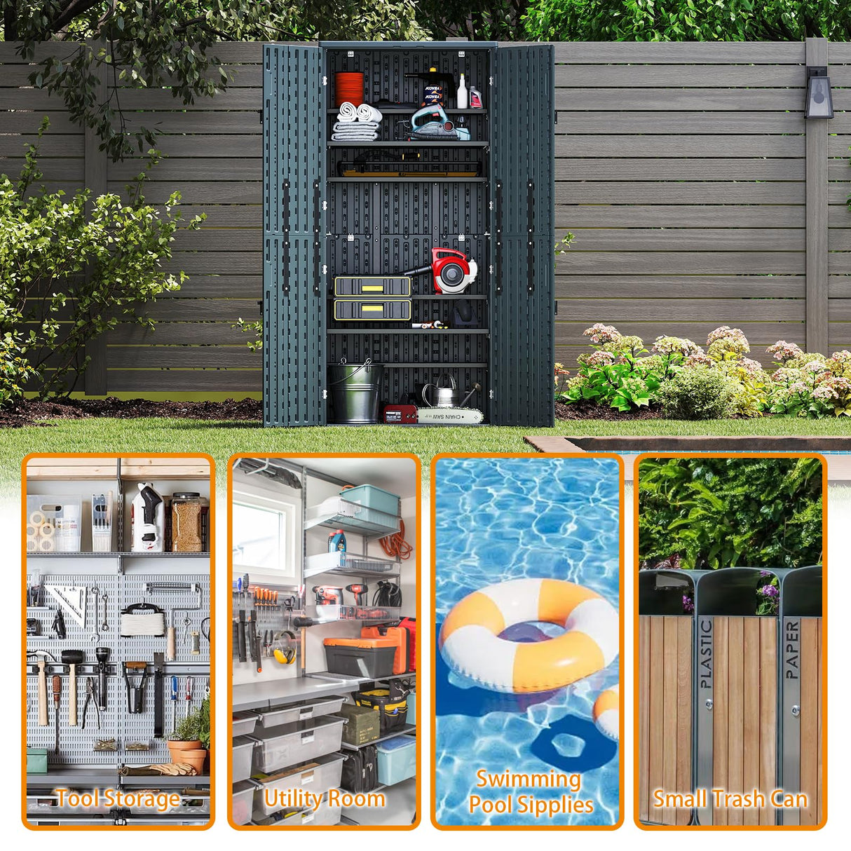 30 Cubic Ft. Vertical Resin Outdoor Storage Shed with Lockable Double Doors,Tall Storage Cabinet with 4 Shelves, Weather-Resistant Multi-Wall Panels,Storage Shed for Patio, Garden, Yard, Grey ZYJOYY