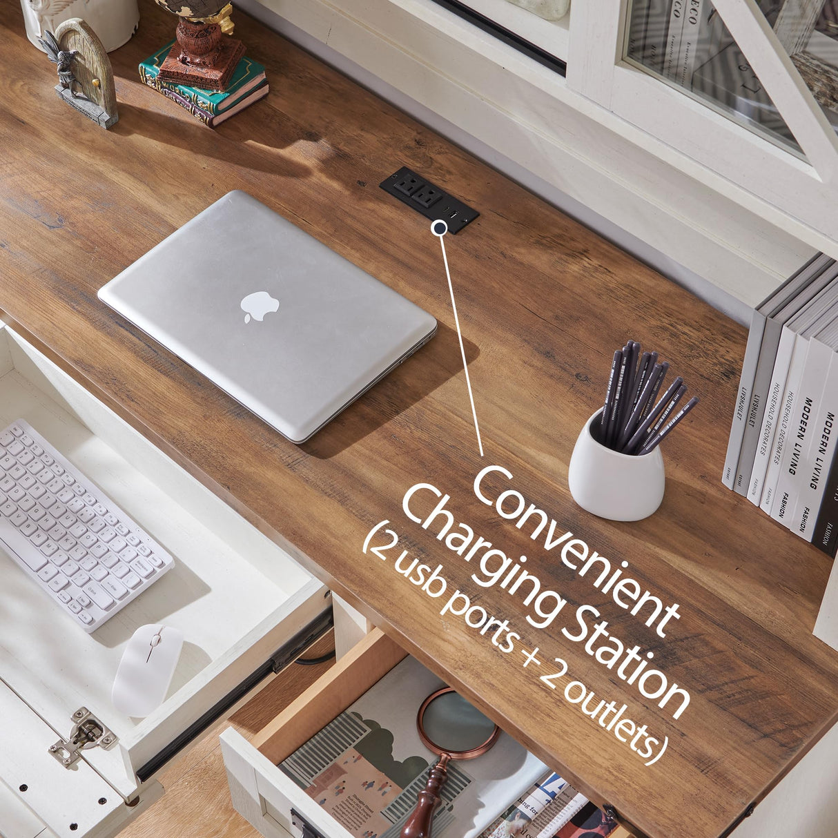 RedLemon 60" Farmhouse L Shaped Desk with Hutch, Wood Home Office Executive Desk with Drawer, Charging Station, File Drawer, Storage Cabinet, Rustic Writing Computer Desk (Antique White) RedLemon