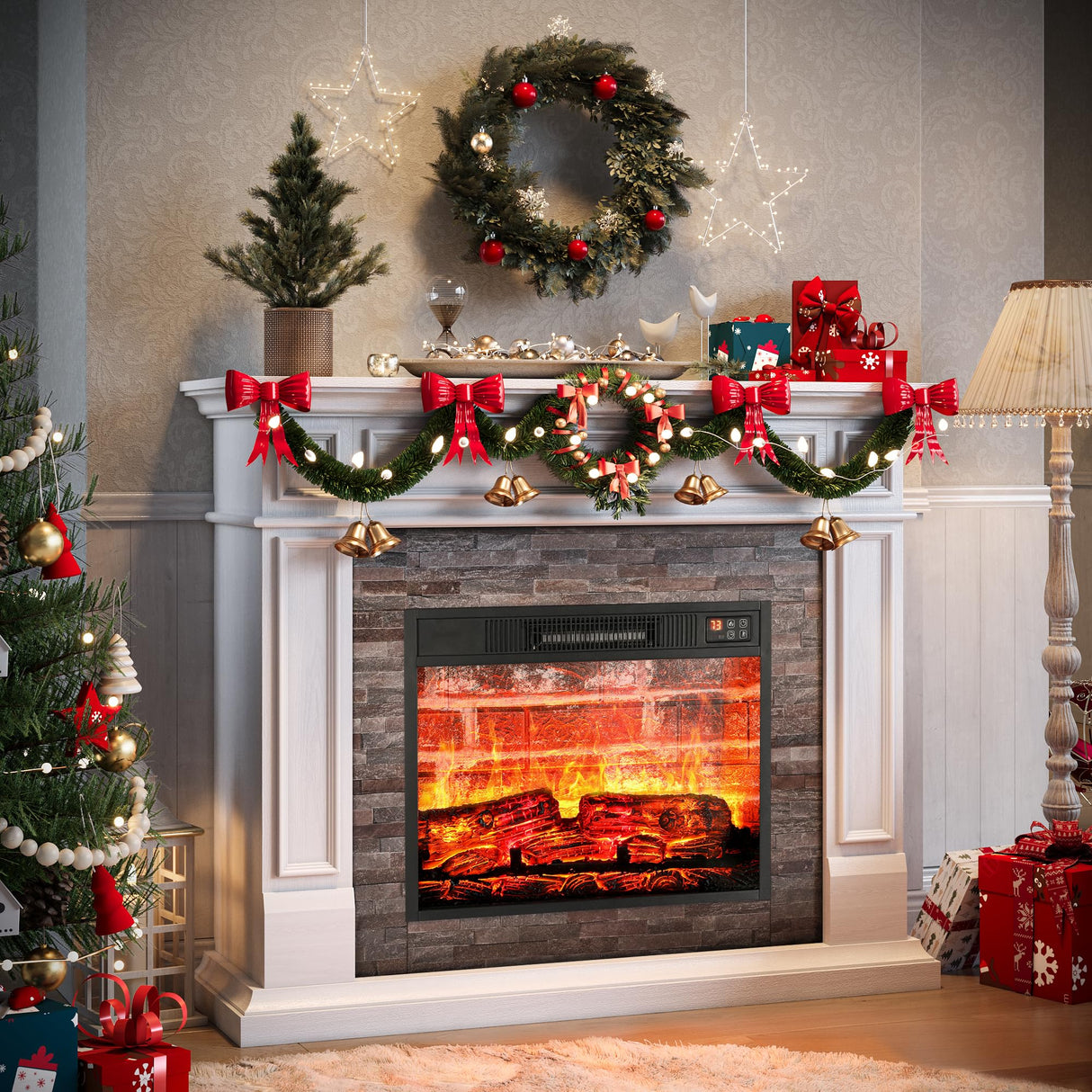 Naice 44" Electric Fireplace Mantel, Farmhouse TV Stand with Electric Fireplace Heater, Stacked Stone Surround and Remote Control 3D Realistic Flame, White Fireplace for Living Room Bedroom Naice