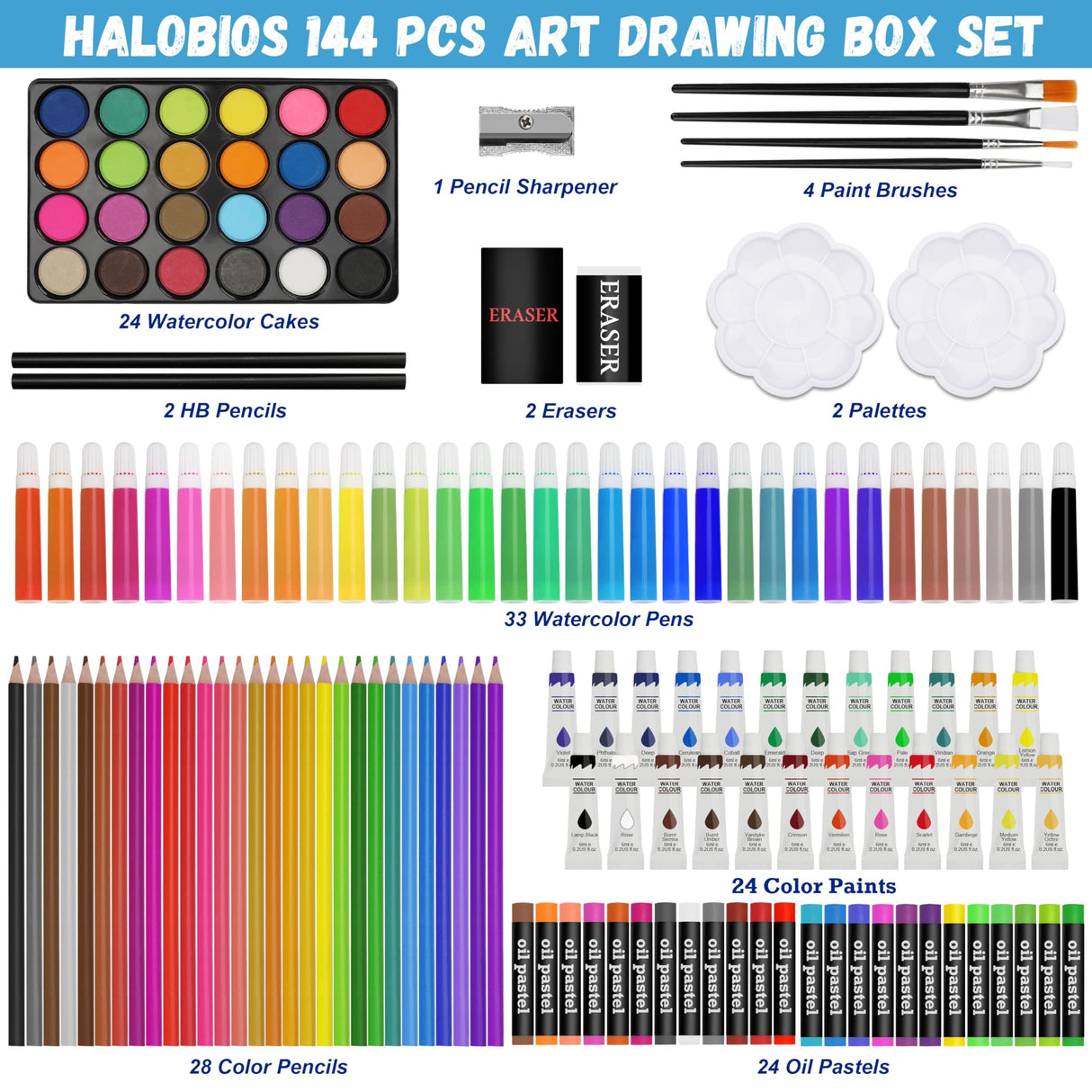 Halobios Art Supplies, 144-Piece Deluxe Art Set Professional Art Kit with Portable Aluminum Case, Crafts Drawing Painting Kit for Gifts Adults Kids Artists Halobios