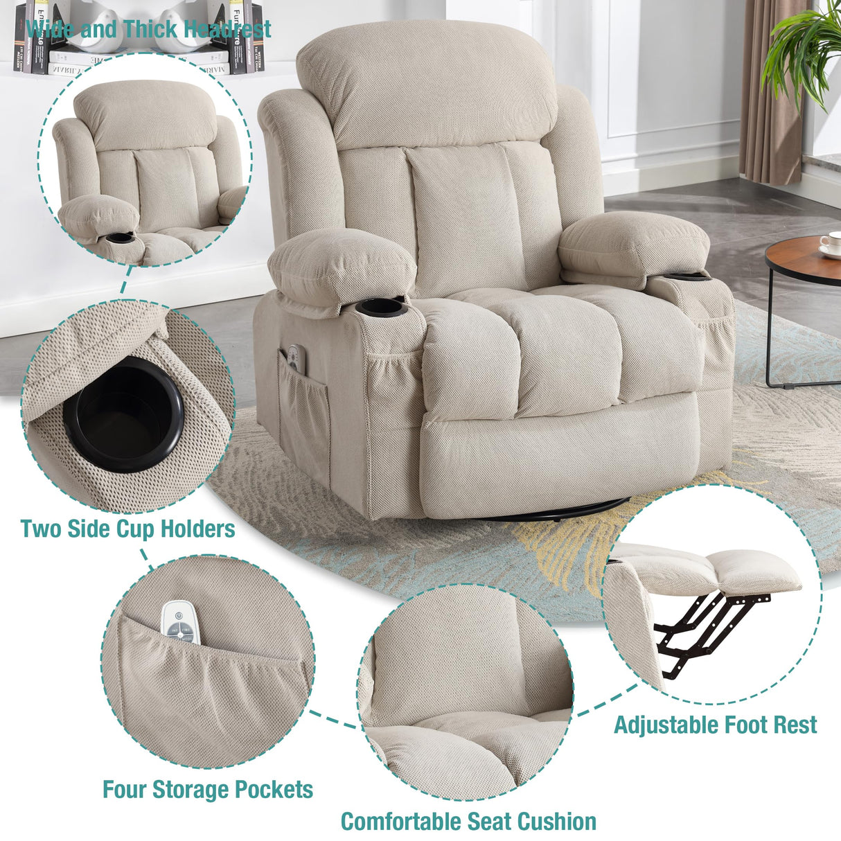 BOSMILLER Oversized Recliner Chair for Adults with Vibration Massage and Lumbar Heating Swivel Rocker Recliner with Cup Holder and USB Charge Port for Living Room BOSMILLER