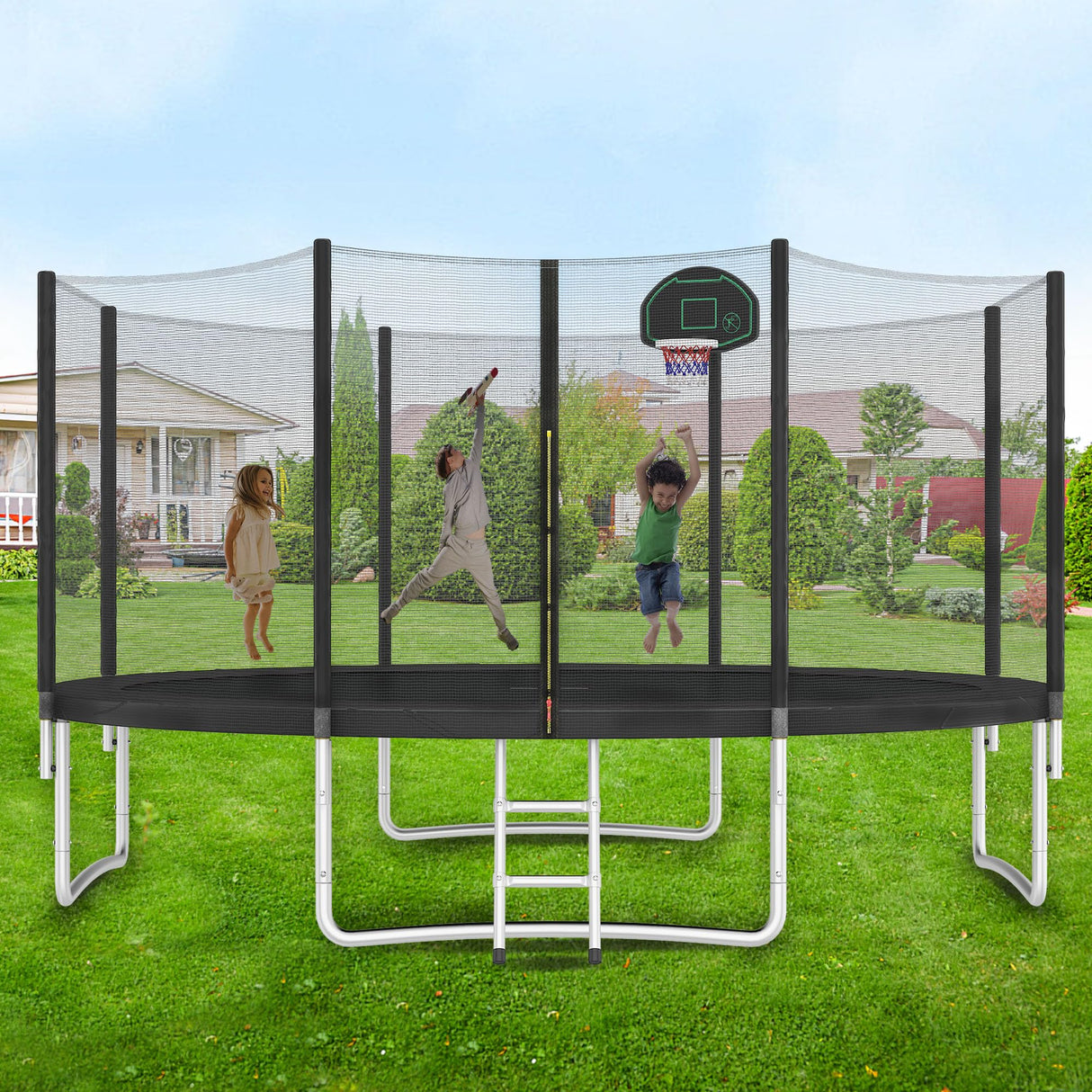 Trampoline 14FT for Kids and Adults with Safety Enclosure Net, Basketball Hoop &Ladder 1500LBS ASTM Compliant Outdoor Recreational Trampoline Merax
