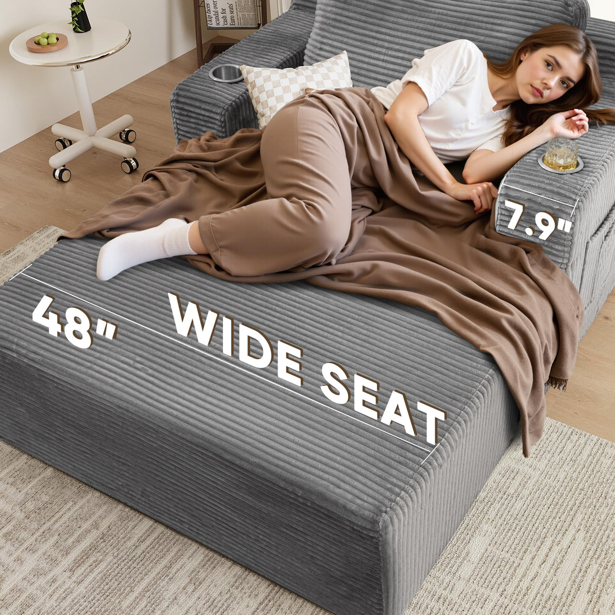 Homall Oversized Chaise Lounge Chair, Cloud Couch with Fluffy Upholstered, Deep Seat Sleeper Sofa Bed with Two Cup Holders, Comfy Boneless Couch No Assembly Required for Living Room, Apartment (Grey) Homall