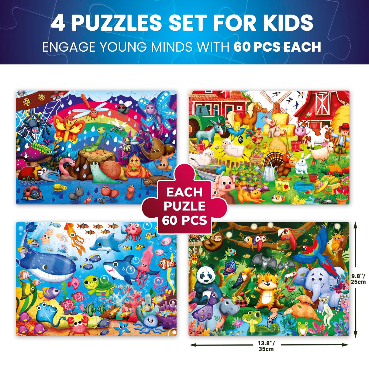 QUOKKA 4x60 Piece Puzzles for Kids Ages 4-6 – Glow-in-The-Dark Puzzles for Kids 4-8 I Farm Bugs Tropical & Ocean Animals I Fun Educational Toddler Puzzles for Boys & Girls – Educational Game Toys Gift QUOKKA