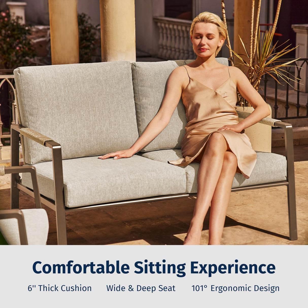 EAST OAK 4-Piece Patio Furniture Set, Outdoor Furniture Set with Thick Cushion,Waterproof Patio Conversation Set for 4, Woven Armrests Loverseat and Table for Backyard, Creamy Apricot EAST OAK