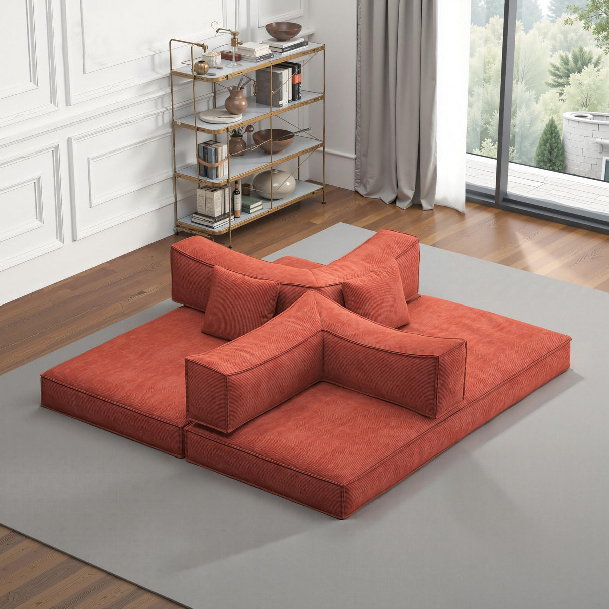 RENDGO 82.67" Folding Sofa Bed Convertable Corduroy Couch King Size Floor Sleeper 4-in-1 DIY Combination Modular Sofas Fold Out Futon Lounge Comfy Foldable Lazy for Living Room-Orange RENDGO