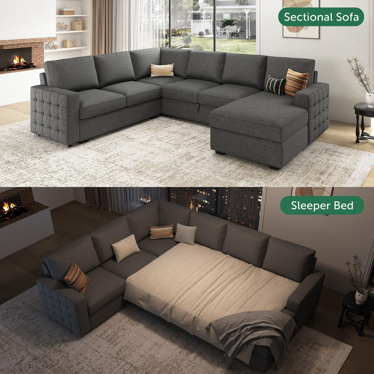 HONBAY Sectional Sleeper Sofa with Pull Out Bed U-Shape Sectional Couch Sleeper Bed with Storage Chaise 6 Seater Sleeper Sectional Sofa Bed, Light Grey HONBAY