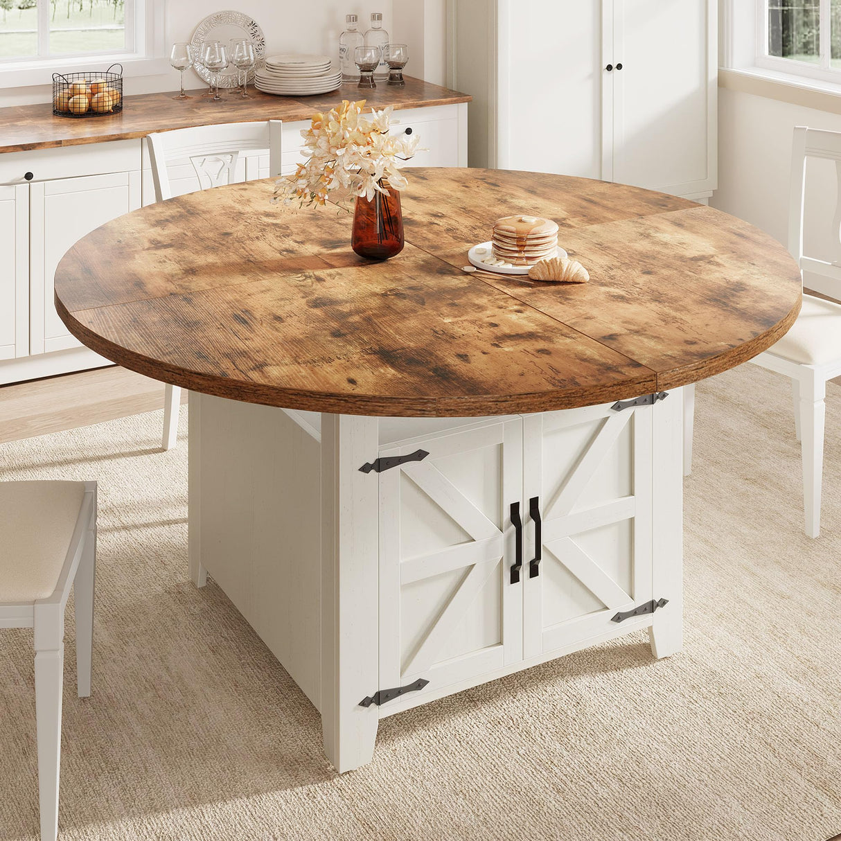 DWVO 55 Inches Round Dining Table for 6-8 People Farmhouse Circle Dining Room Table Large Kitchen Desk with 2 Tier Storage Rack for Kitchen Apartment Resturant, White DWVO