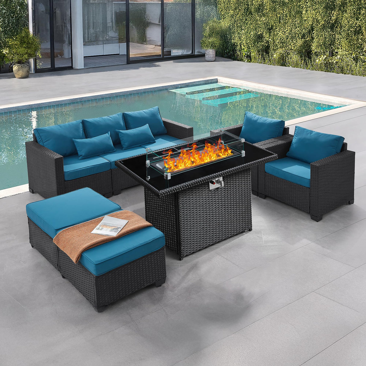6 Pieces Outdoor Patio Furniture Sets with Furniture Cover, PE Rattan Wicker Patio Conversation Set with 60000 BTU Outdoor Propane Fire Pit Table(Peacock Blue, Fire Pit Table) wudipatio