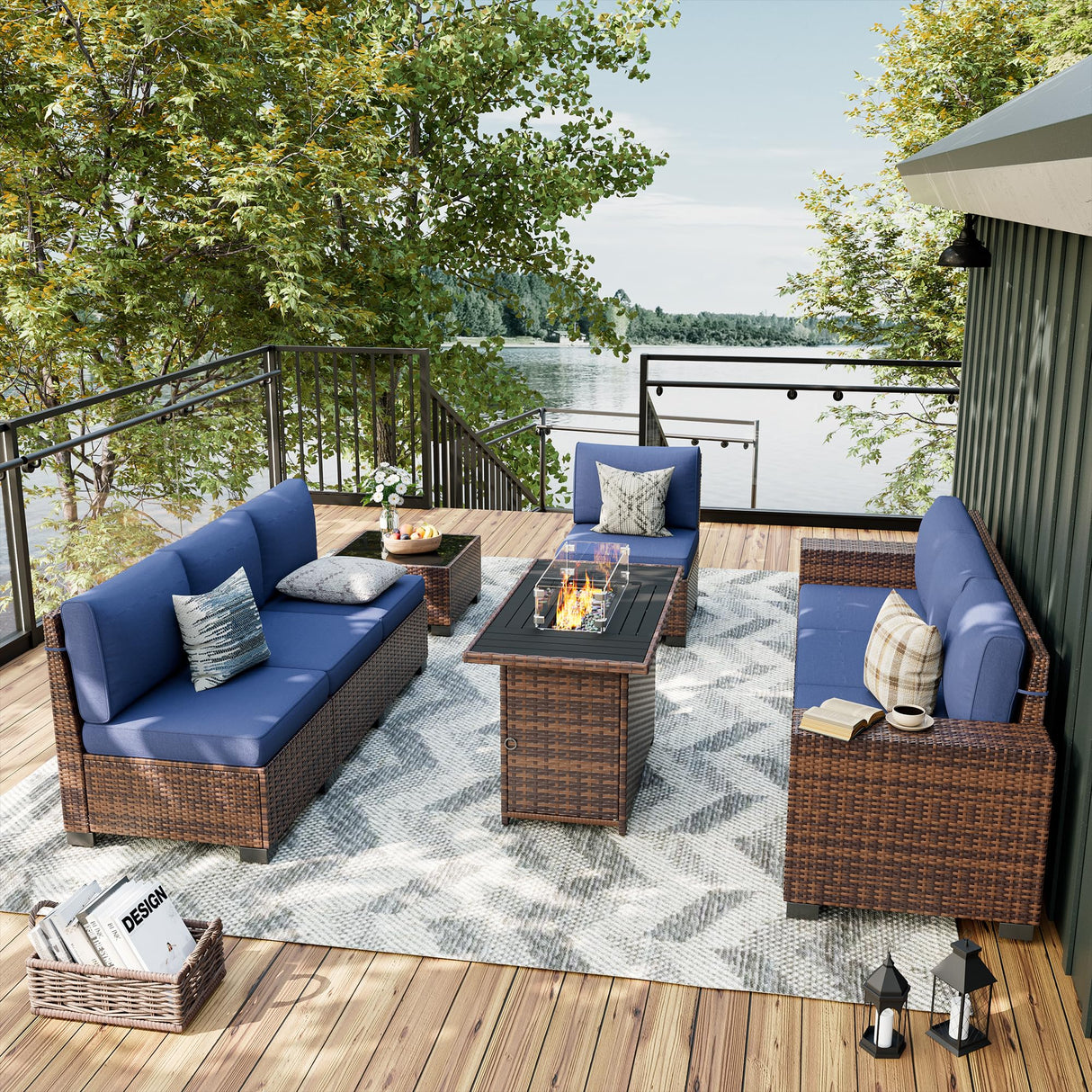 UDPATIO Patio Furniture Set with Fire Pit Table, 8 Inch Armrest Outdoor Sectional Sofa, 9 Piece Wicker Outdoor Furniture Conversation Sets with Waterproof Cover for Backyard Deck(Brown/Navy Blue) UDPATIO
