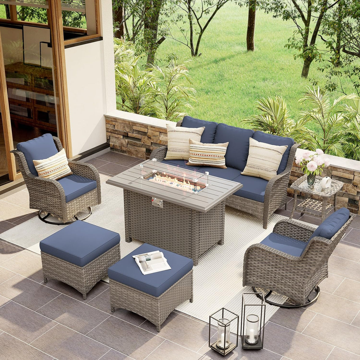 SUNSITT Outdoor Furniture Set with Fire Pit Table Wicker Patio Conversation Set 7-Piece Patio Sectional Furniture Set with Gas Firepit with Swivel Patio Chair Grey Wicker & Denim Blue Cushion SUNSITT