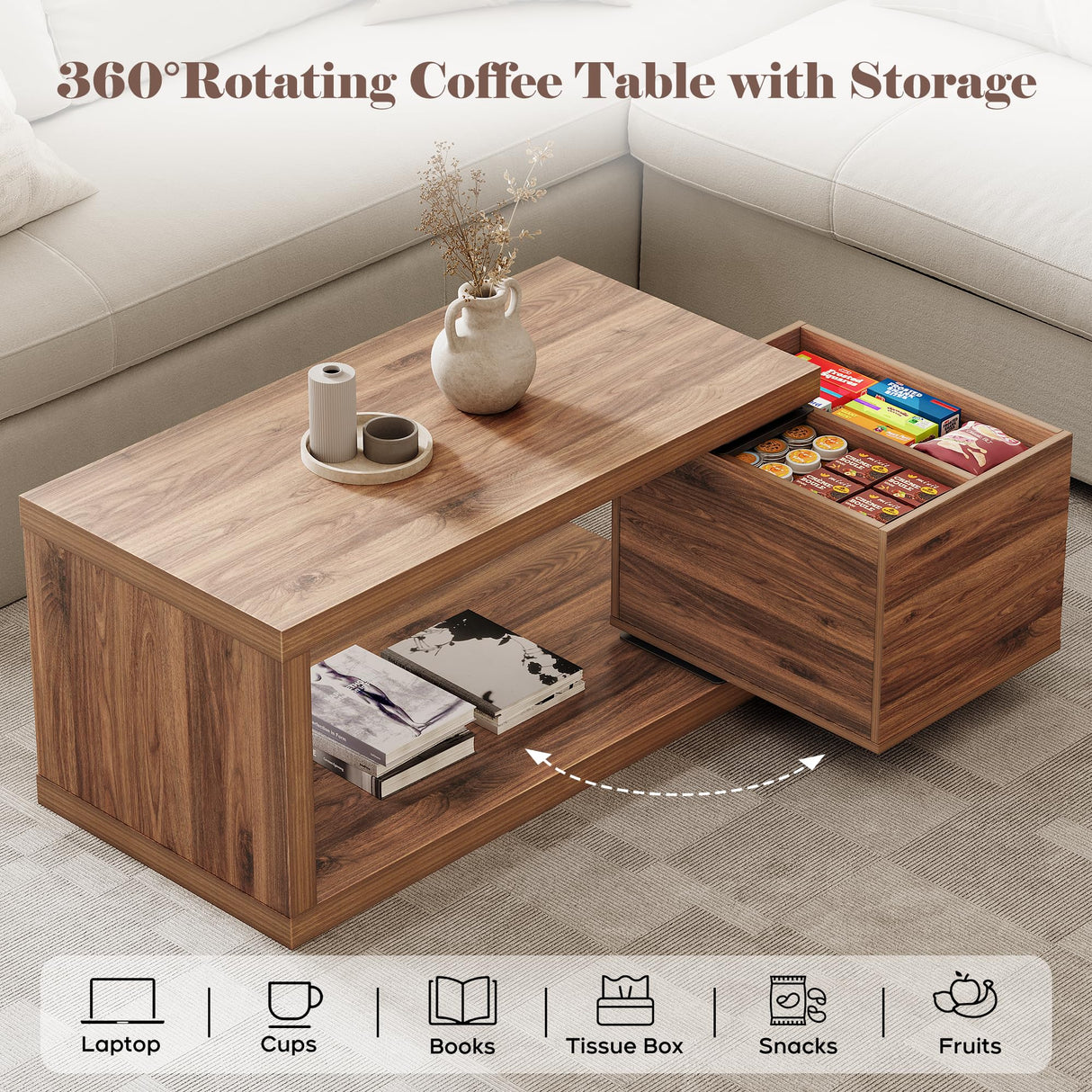 Yechen Modern Coffee Table with Hidden Storage, 1.4" Thick Long Expandable Rotating Coffee Table, Wood Rectangle Cocktail Table for Living Room,Walnut Yechen
