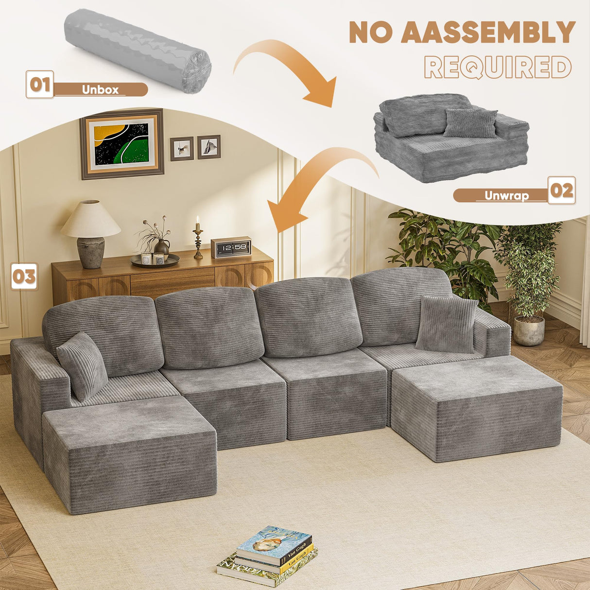 Homall 126" Sectional Couches for Living Room, Modern Fabric Boneless Couch with Deep Seat, Upholstered Cloud Sofa with 2 Ottoman, No Assembly Required (Grey, U Shaped Sofa) Homall