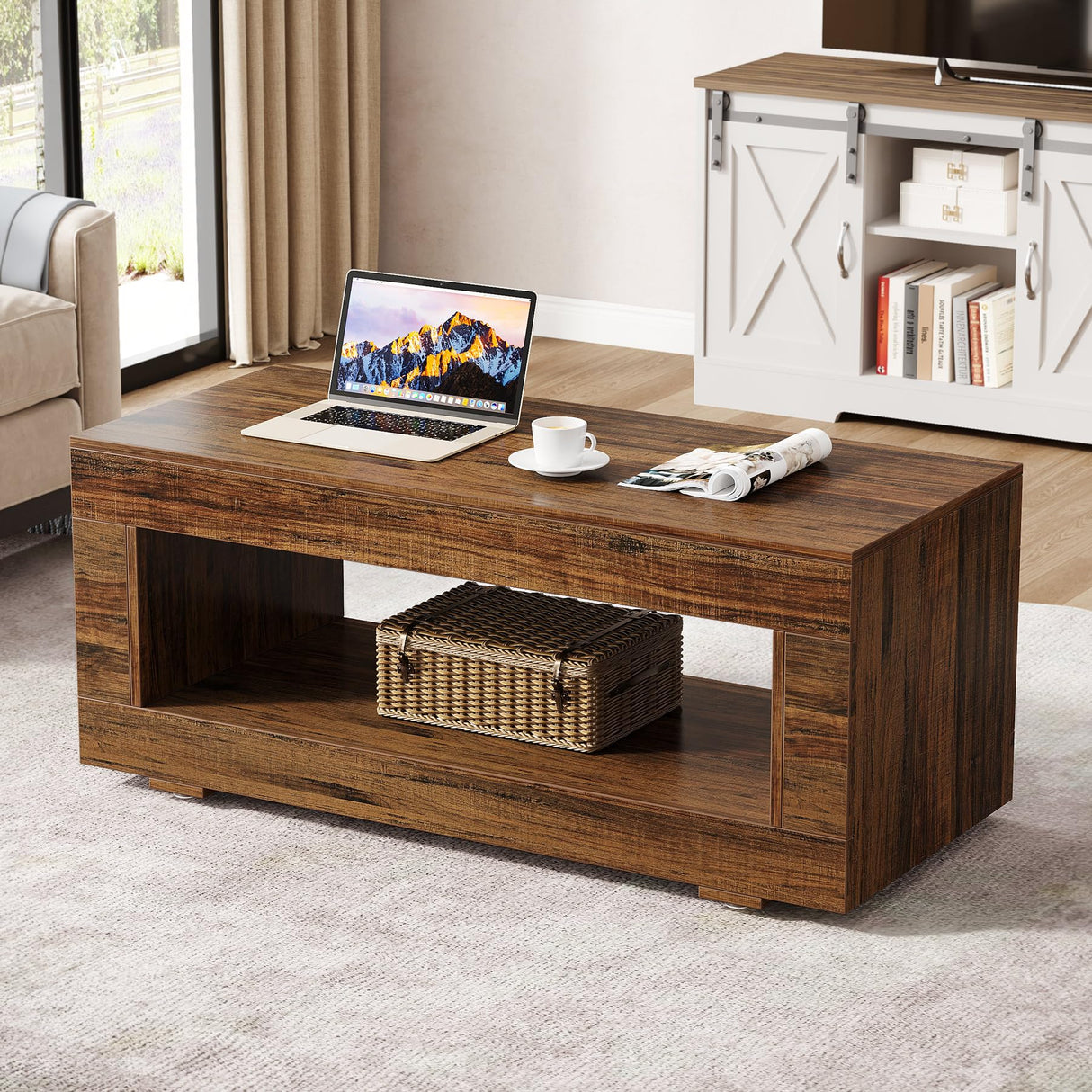 Tribesigns Wood Coffee Table for Living Room, 43.3" Modern Farmhouse Coffee Table with Storage, 2-Tier Rectangular Center Table Cocktail Living Room Table with Sturdy Base, Rustic Brown Tribesigns
