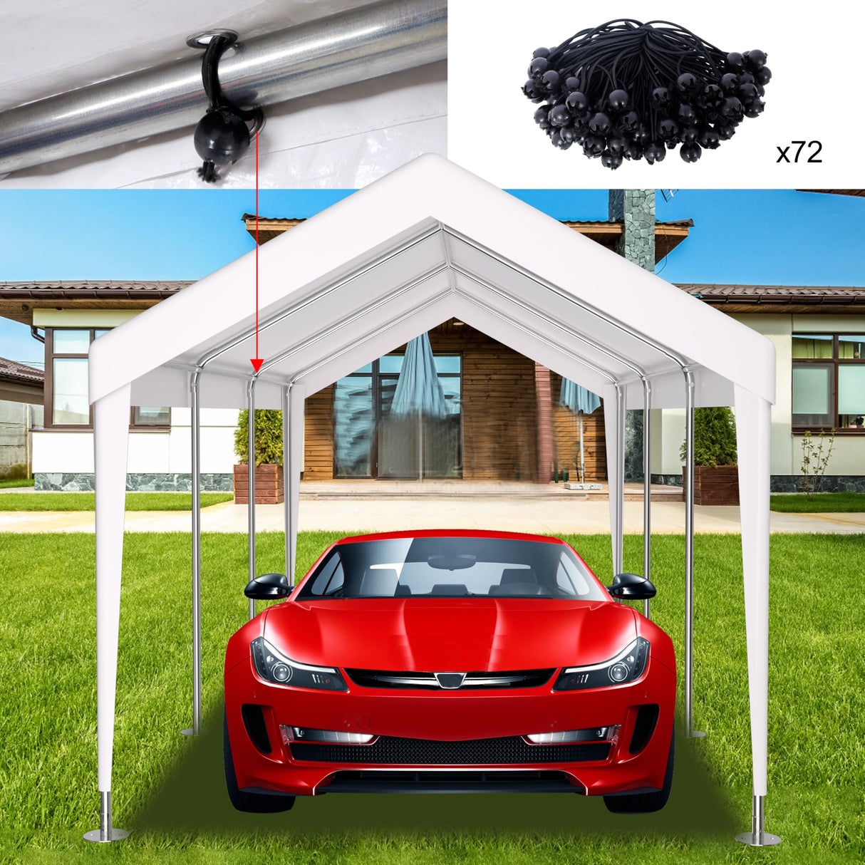 10x20ft Carport Replacement Canopy Cover, 72 Elastic Buckles, Ripstop Triple-Layer Pe Fabric, Heavy-Duty Waterproof & Uv Protected, All Weather Car Shelter Tarp, Only Cover, Frame Not Include (White) Megalithix