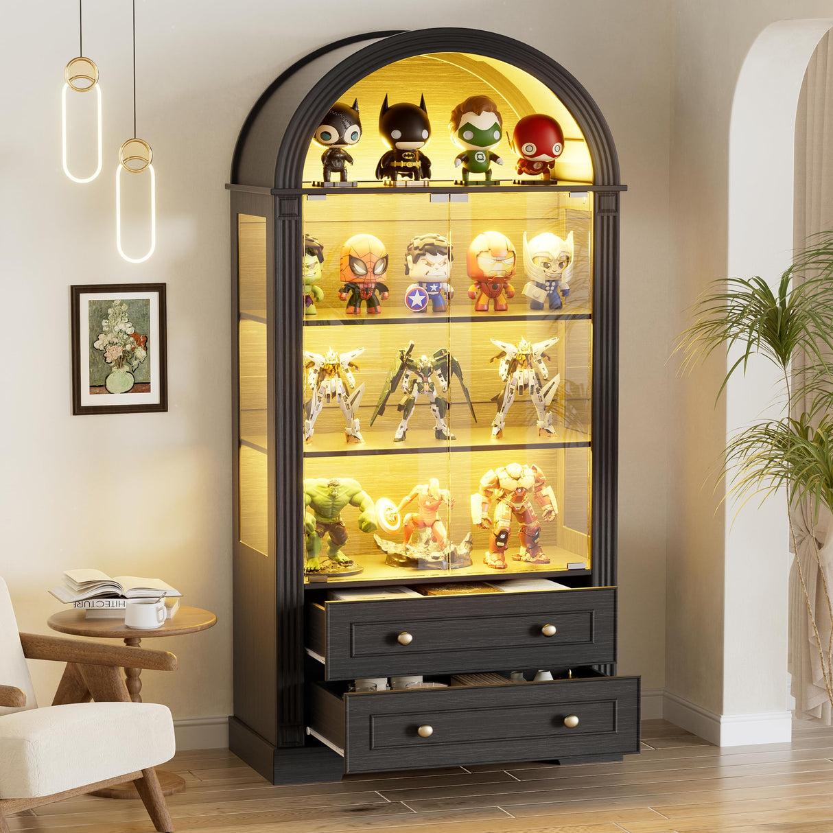 PAKASEPT 73'' Tall Arched Display Cabinet with Glass Doors,4-Tier Curio Cabinet with LED Lights for Collectibles Bookcase,Farmhouse Bookshelf China Storage Kitchen Pantry for Living Room,Black PAKASEPT