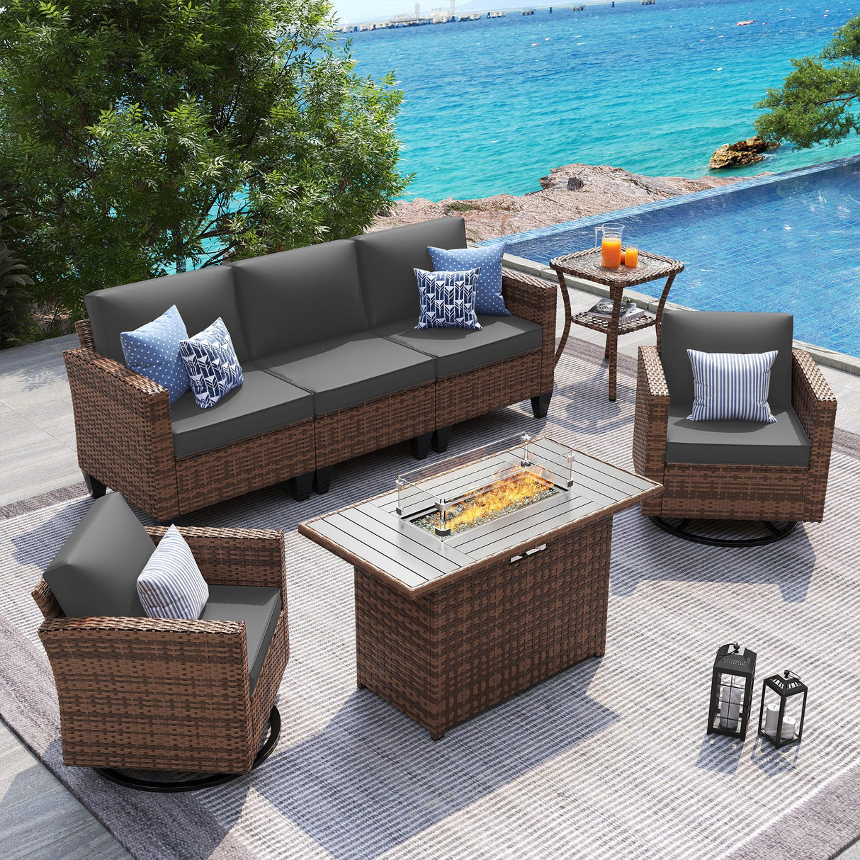 UDPATIO Patio Furniture Set with Fire Pit Table, Rocking Swivel Chairs, 5 Pieces Outdoor Furniture Sets, All-Weather Wicker Outdoor Sectional Sofa with Waterproof Cover, 4'' Thickened Cushion, Grey UDPATIO