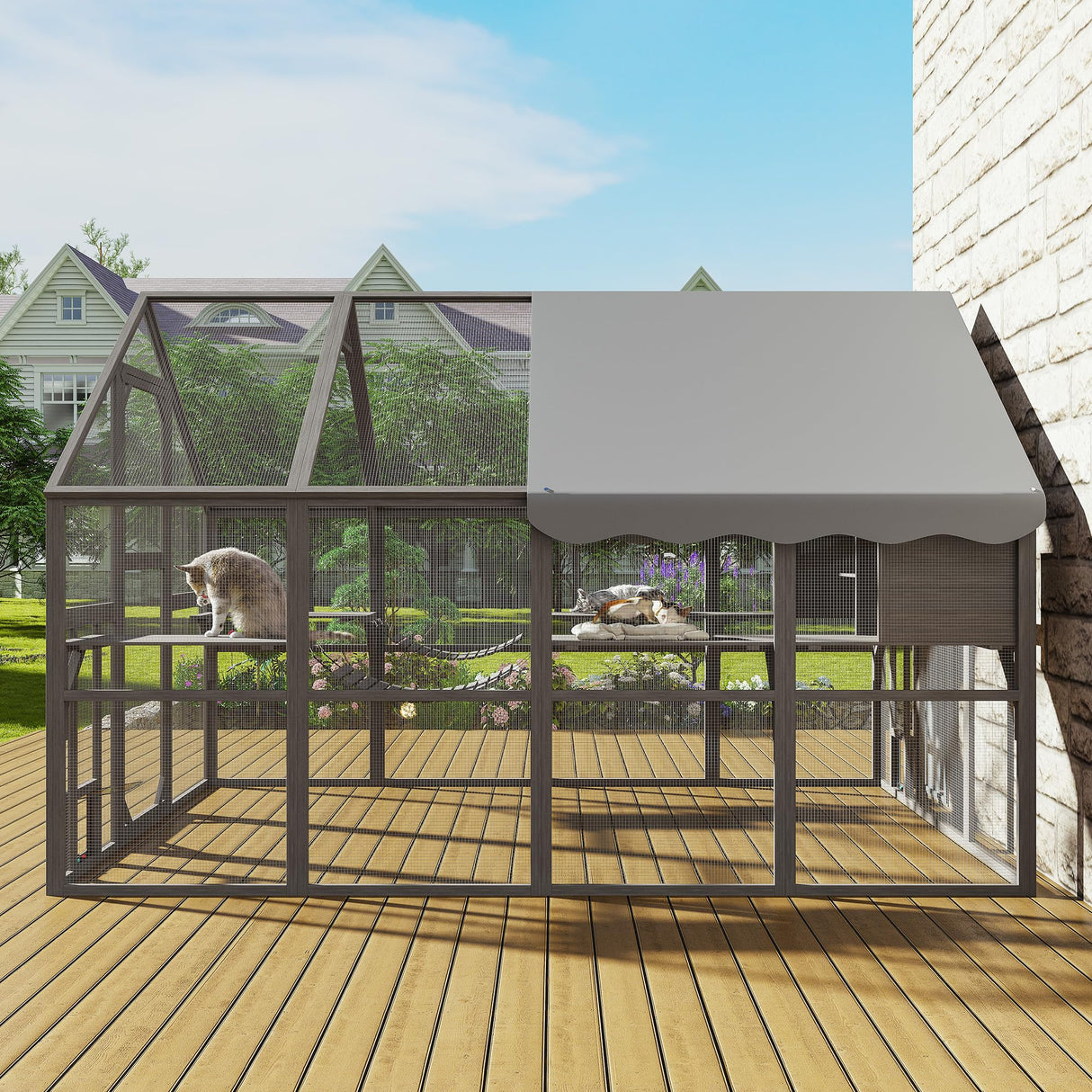 Fansafurn Extra Large Catio – Walk-in Outdoor Cat Enclosure for Multiple Cats, 110" Multi-Level Wood Cat Patio Playpen with Weatherproof Roof, Bridges, Condos and Door Access FansaFurn