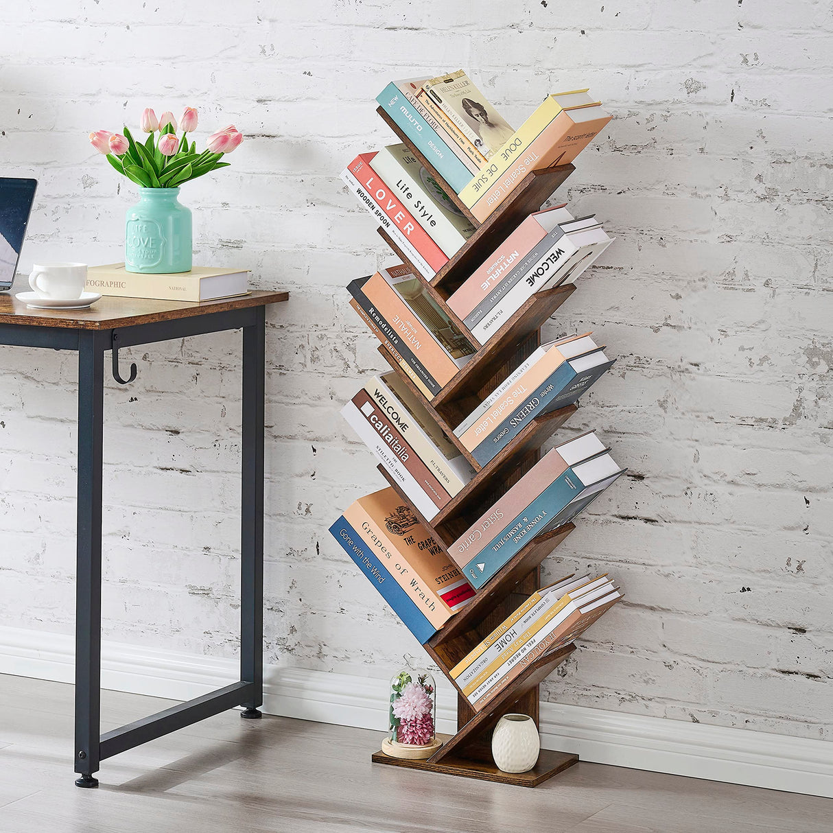 Hoctieon 10 Tier Tree Bookshelf, 10 Shelf Bookcase, Free Standing Tree Bookcase, Display Floor Standing Shelf for Books, Book Organizer Shelves for Home Office, Living Room, Bedroom, Rustic Brown Hoctieon