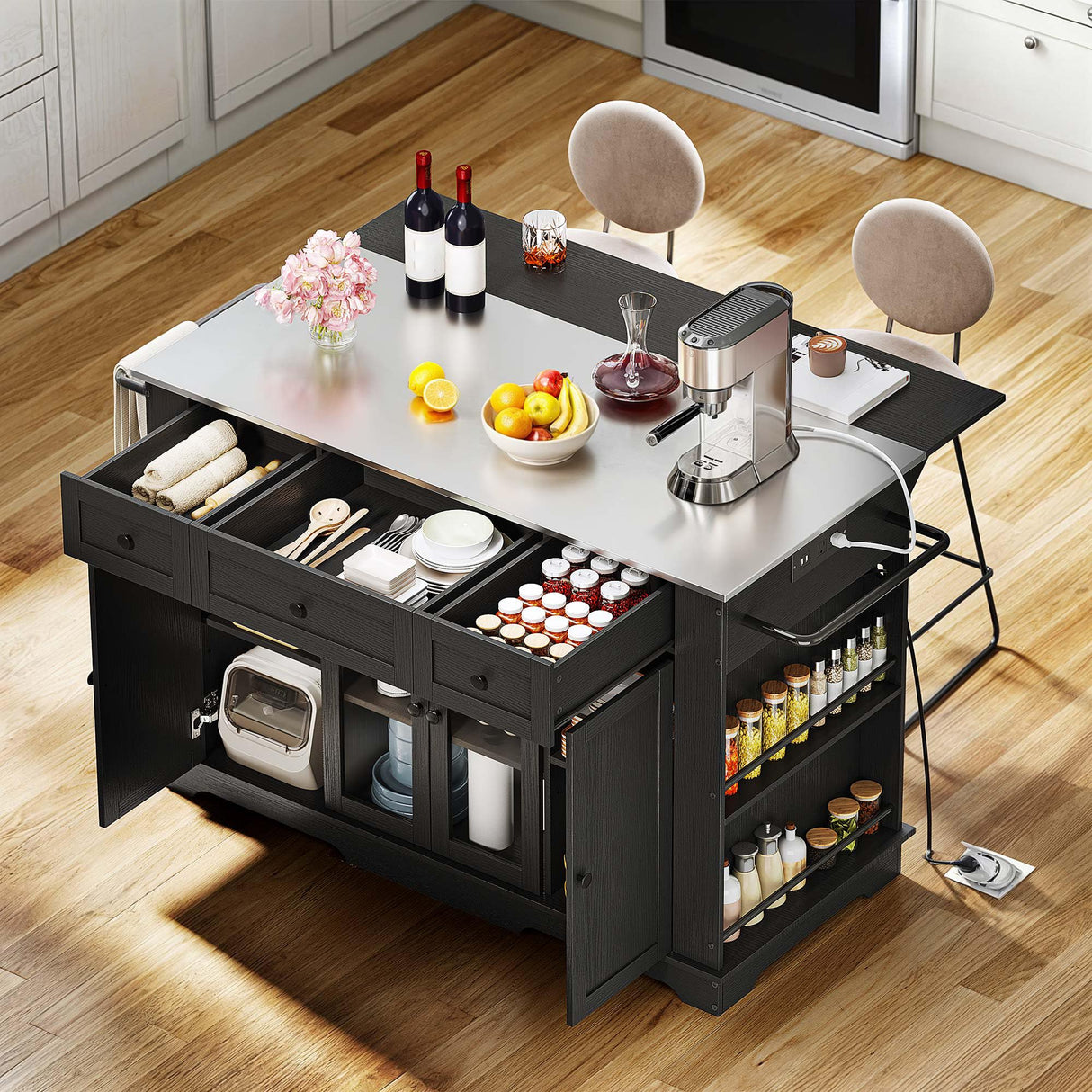 DWVO Kitchen Island w Stainless Steel Top Drop Leaf Bar Seating Power Outlet, 60" Large Rolling Mobile Center Islands w Folding Dropleaf Storage Drawer Cabinet Wheel Counter Height Metal Top, Black DWVO