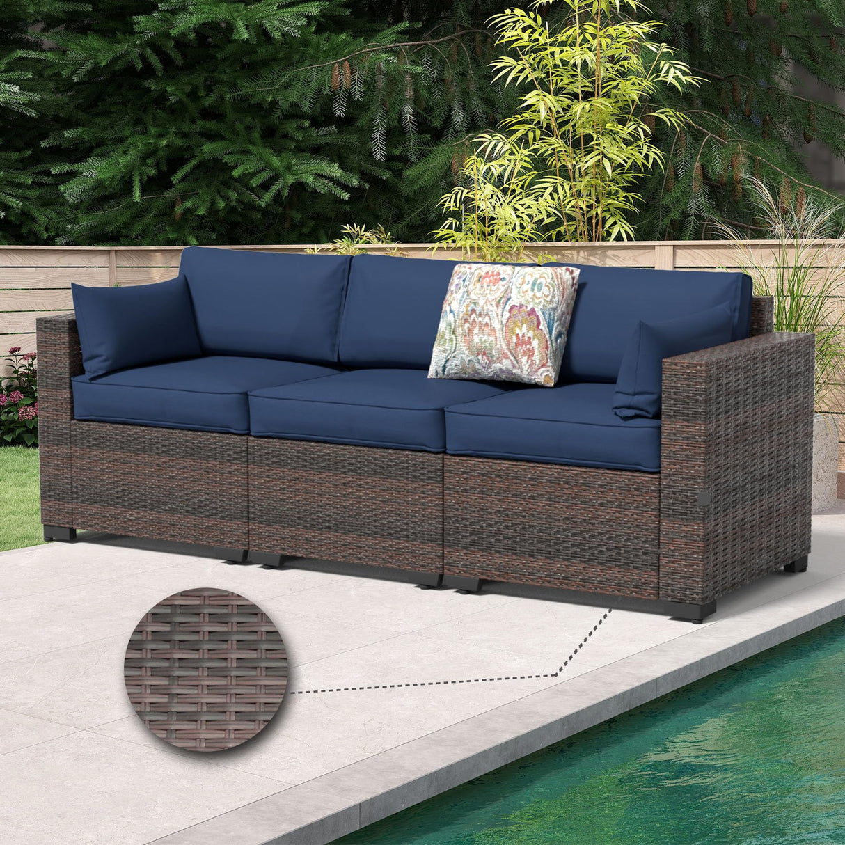 YLGJ&TIDY 3-Piece PE Rattan Patio Furniture Set - Waterproof Outdoor Sectional Sofa w/Thick Cushions - All-Weather Wicker Conversation Set for Backyard, Pool, Deck (Navy Blue) YLGJ&TIDY