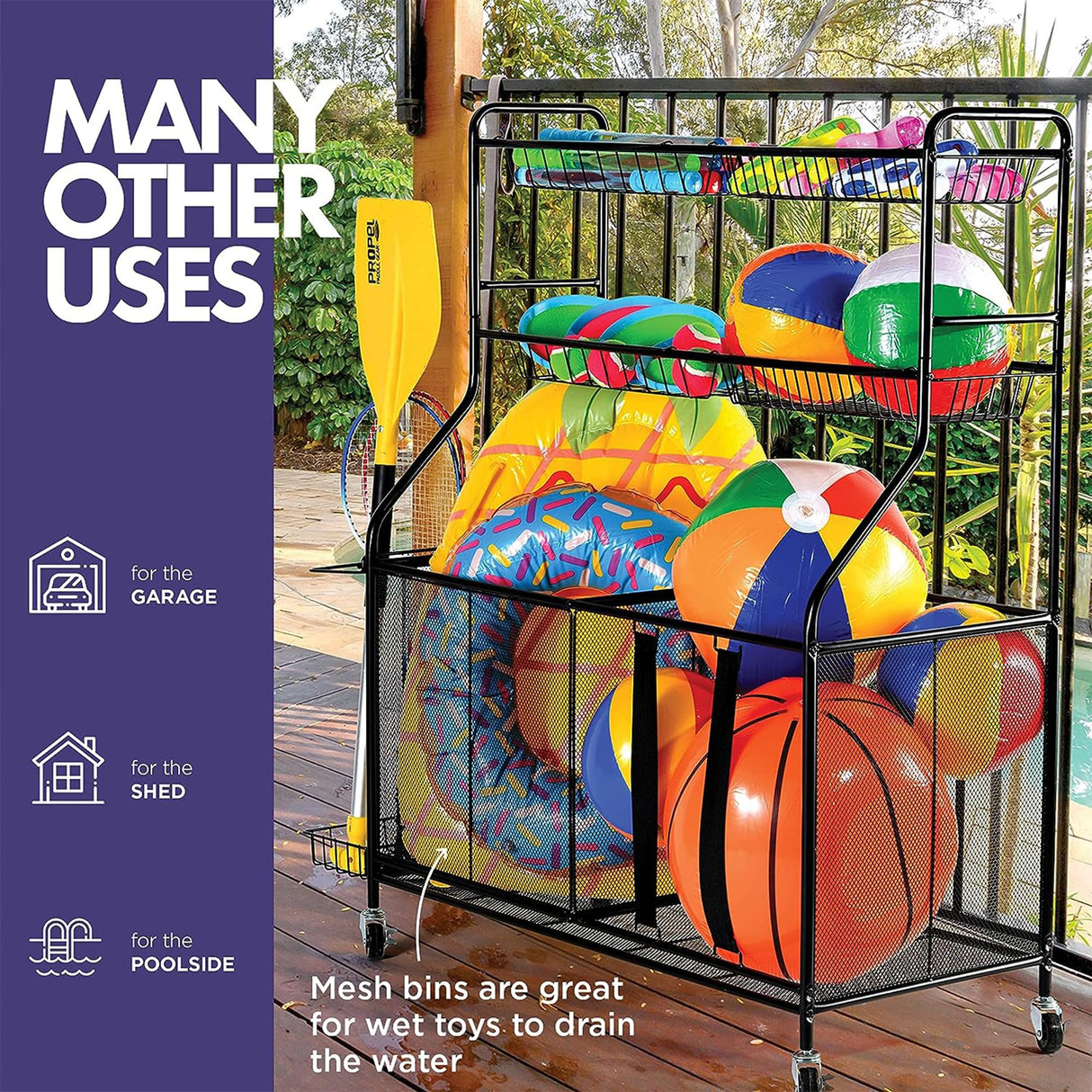 HOME IT Garage Sports Equipment Organizer - Garage Ball Storage Rack Organizer Holder with Baskets, Rolling Wheels & Breaks - Large Capacity Heavy Duty Steel Ball Storage Cart HOME IT