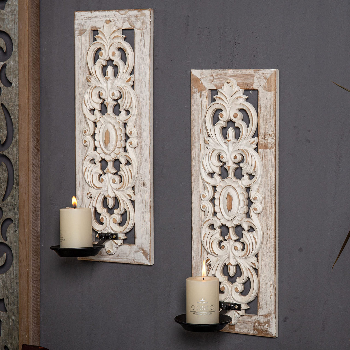 SOFE Openwork Carving Wall Candle Sconces Set of Two, Distressed Finish Wood Candle Holder Wall Decor Living Room, Rustic Farmhouse Candle Wall Sconces, Bedroom Hallway Wall Art Decoration SOFE