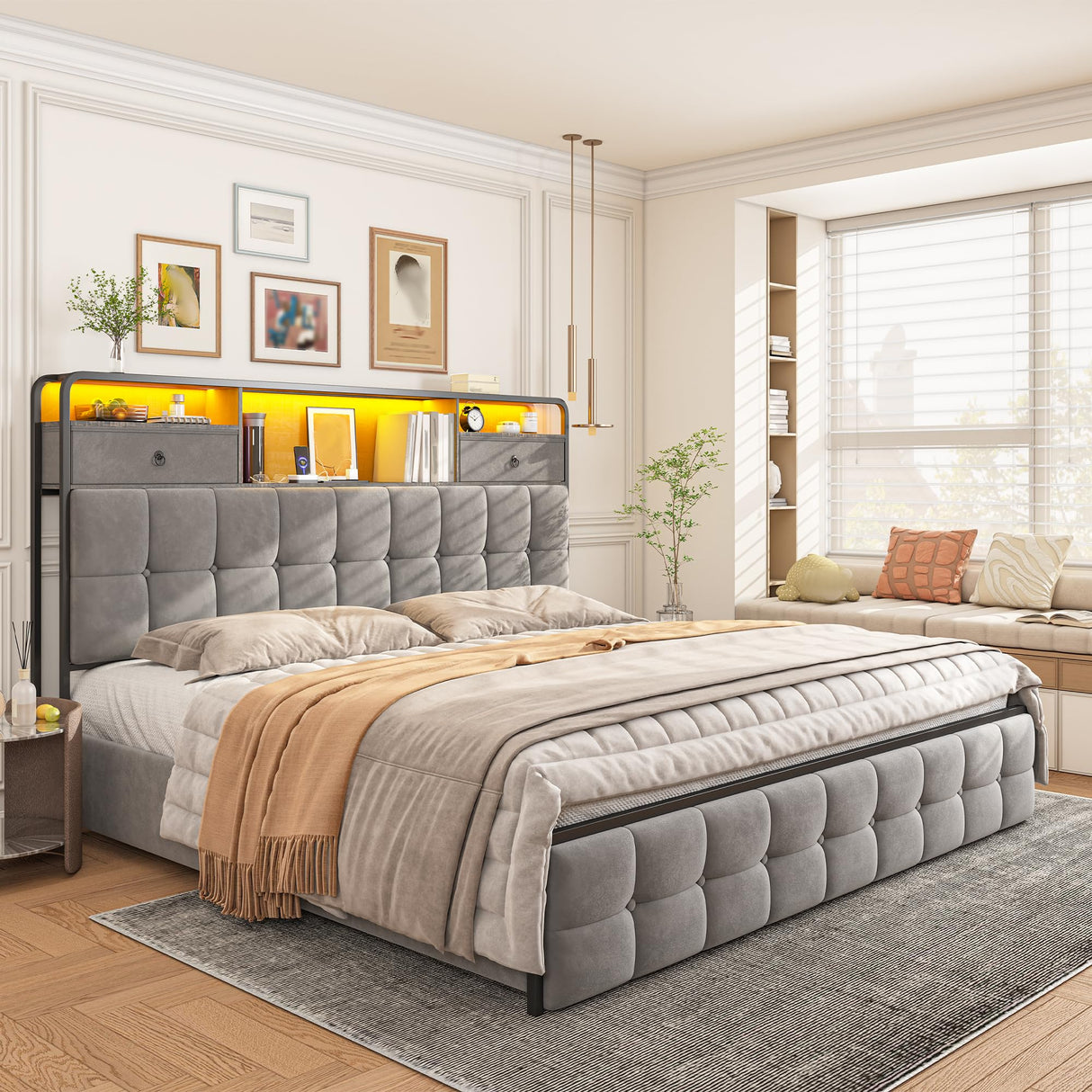 EnHomee King Bed Frame with 4 Storage Drawers King Size Bed Frame with Headboard Built in Charging Station and LED Lights, No Noise, No Box Spring Needed, Easy Assembly, Grey EnHomee