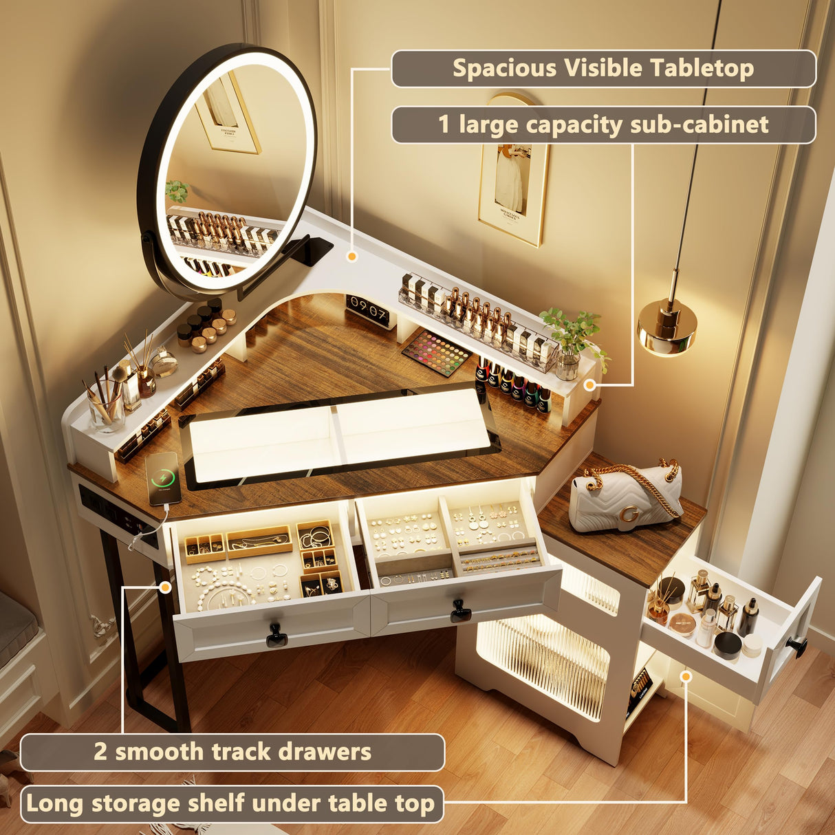 FREDEES Corner Vanity with Mirror and Lights,Modern Makeup Vanity Set with Charging Station for Bedroom/Cloakroom,Glass Top Vanity Table with Drawers and Shelves,White FREDEES