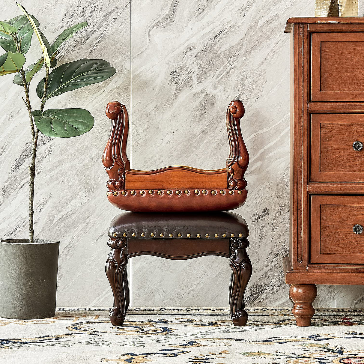 LKZ Foot Stool Microfiber Leather Ottoman Wooden Vintage Stool Small Sofa Stool Footrest Stool for Living Room Bedroom (Black-Brown) LKZ