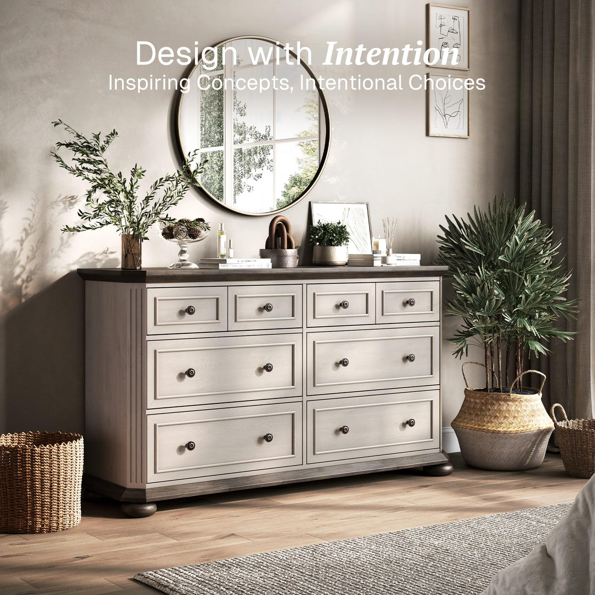 BELLEZE 31" Drawer Dresser Chest with 6 Drawers, Rustic Wooden Bedside Storage Cabinet Farmhouse Clothes Organizer for Bedroom or Living Room, Antique White BELLEZE