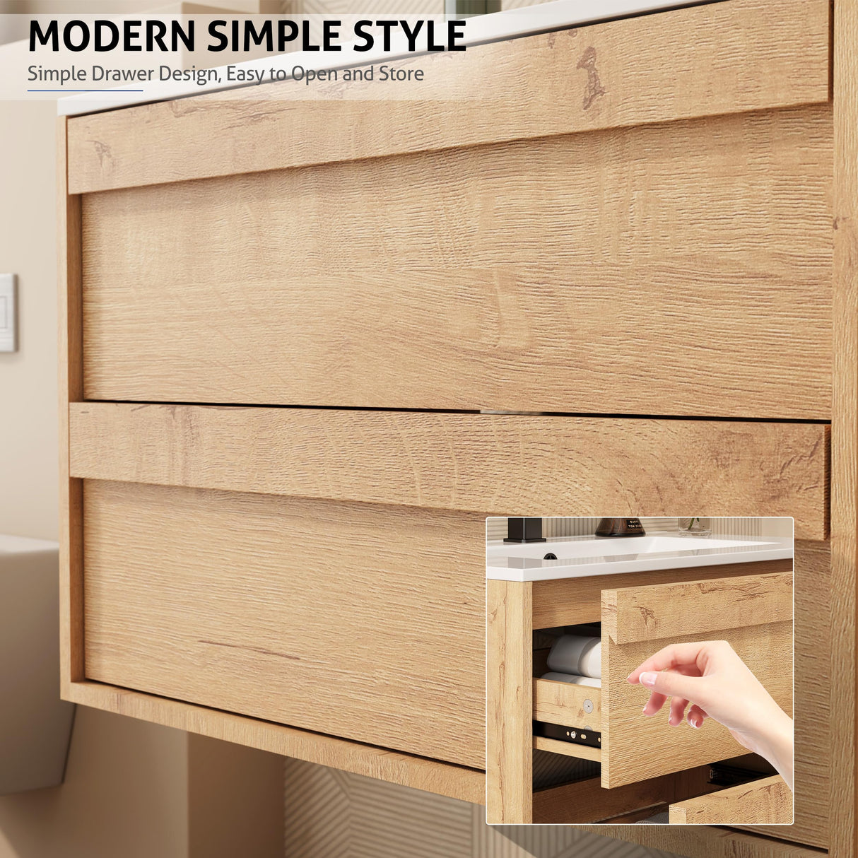 eclife 30" Floating Bathroom Vanity with Ceramic Integrated Sink Combo, Wall Mounted Storage Cabinet with 2 Drawers, Matte Black Faucet & Pop Up Drain, Nature eclife