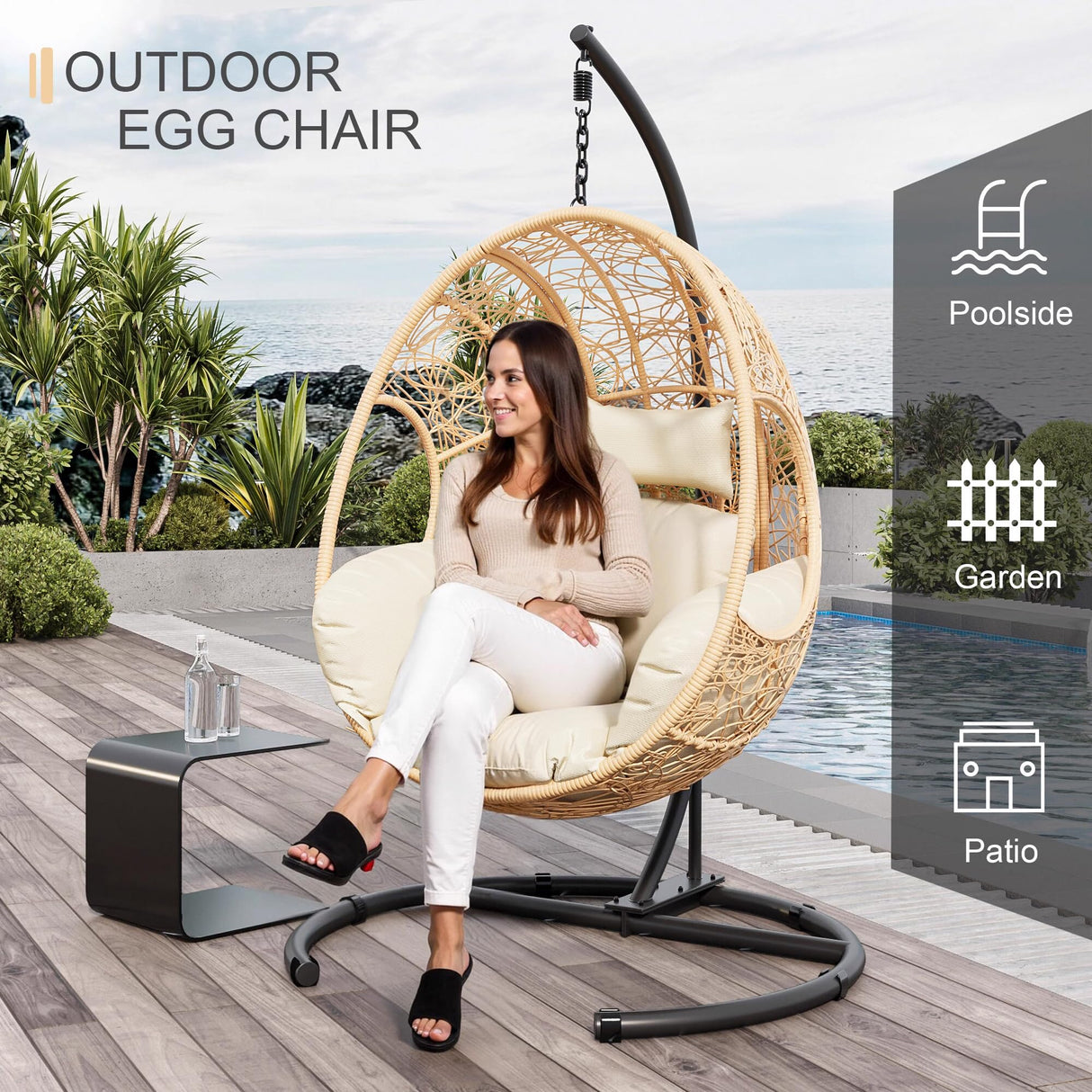 LUTINLIX Oversized Hanging Egg Chair Outdoor Indoor, Wicker Swing Egg Chair with Stand 400lbs Capacity for Bedroom, Patio, Garden and Balcony (Beige-nest, Oversize) LUTINLIX