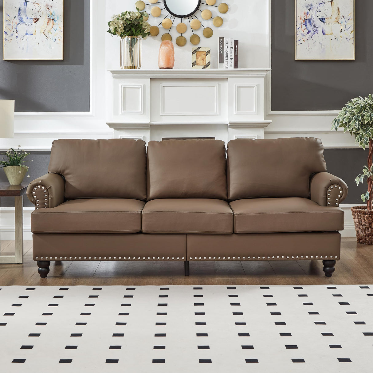 FAVSH 83" Modern Classic Design Loveseat Sofa, Upholstered Imitation Cowhide Leather Couch with Nails for Living Room Apartment Department Small Space,Brown FAVSH