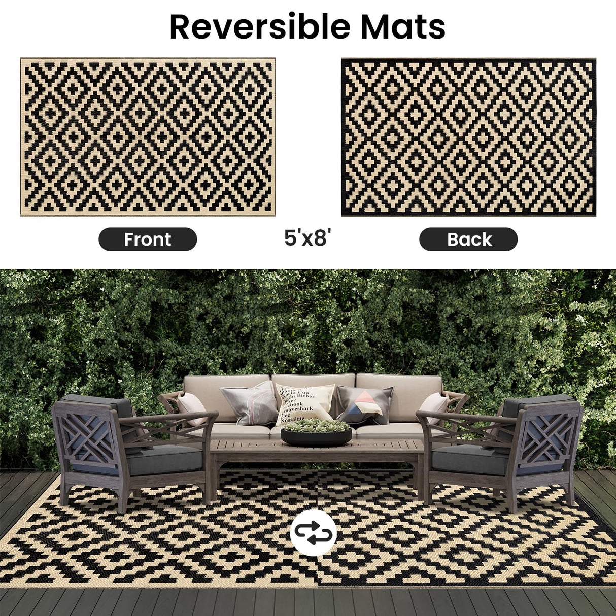 Smiry Waterproof Outdoor Rug 5x8 ft, Reversible Plastic Straw Patio Camping Rugs, Outdoor Indoor RV Mat Carpet for Patio, Outside Entry, Backyard, Deck, Bench, Picnic, Camper, Black & Beige Smiry