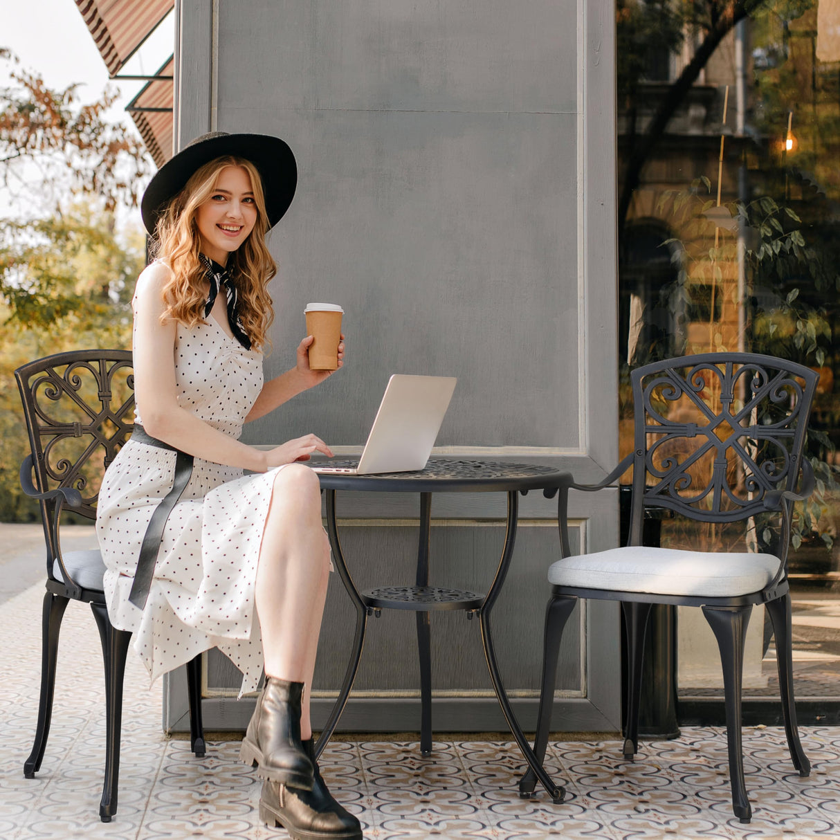 NUU GARDEN Bistro Set 3 Piece Outdoor All Weather Cast Aluminum Patio Bistro Set Patio Table and Chairs Set of 2 with Umbrella Hole and Grey Cushions for Backyard, Balcony, Lawn, Black NUU GARDEN