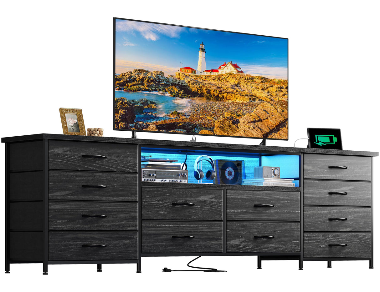 63" Long Dresser for Bedroom with 12 Fabric Drawers Entertainment Center with LED Lights & Power Outlets TV Stand for 70 Inch TV, Organizer for Bedroom, Black Romorgniz