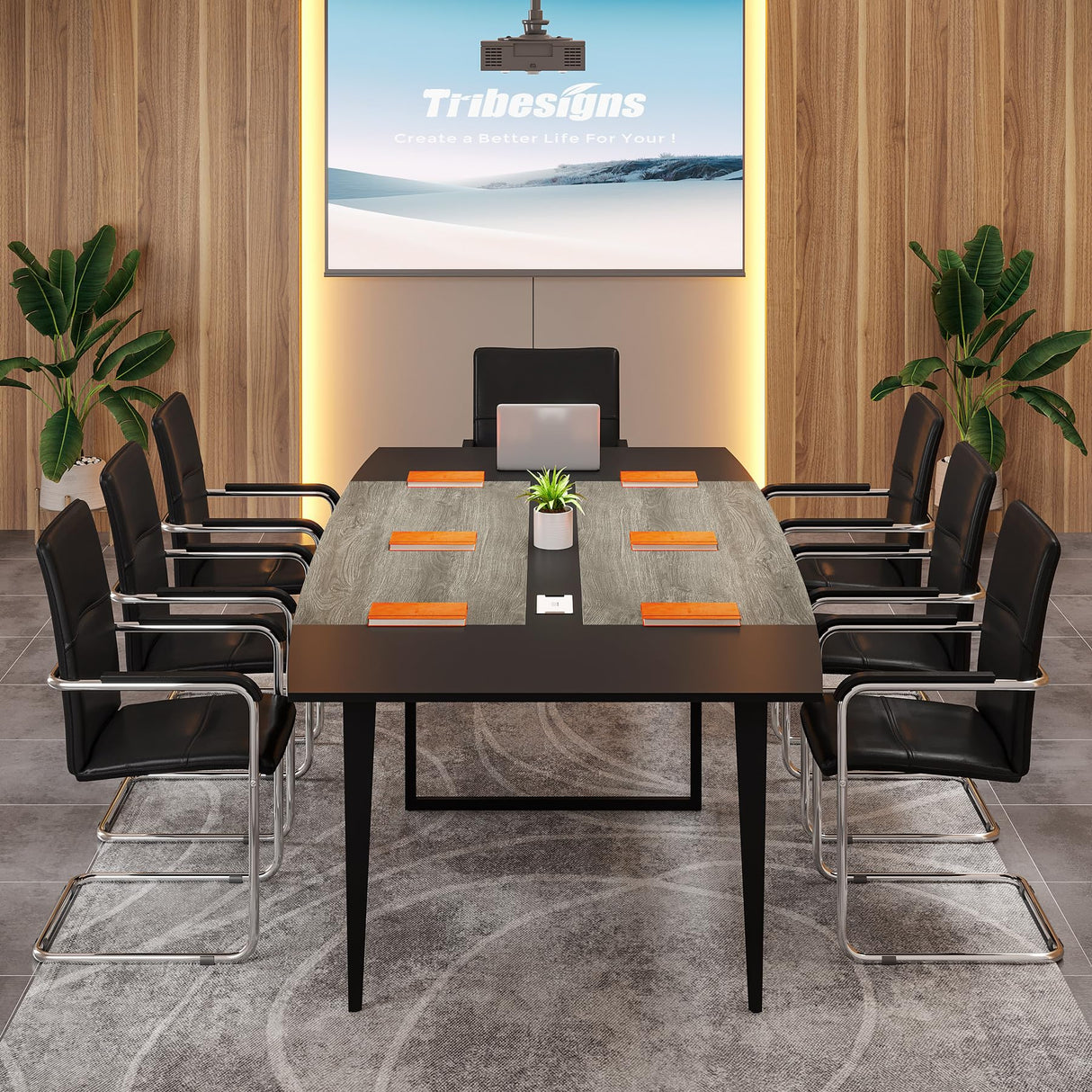 Tribesigns 8FT Conference Table, 94.48L x 47.21W x 29.52H Inches Boat Shaped Meeting Table with Rectangle Grommet, Modern Seminar Boardroom Table for Office Conference Room (Grey & Black, 8ft) Tribesigns