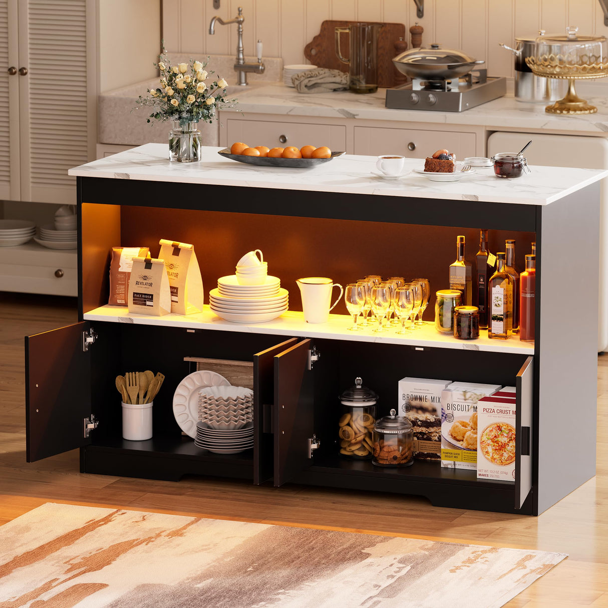 PAKASEPT 43'' Modern Kitchen Island with Storage,Island Table with LED Lights & Cabinet for Kitchen,Imitation Marble Large Dining Table for 4,Dining Room,Living Room,Home Bar,Black PAKASEPT