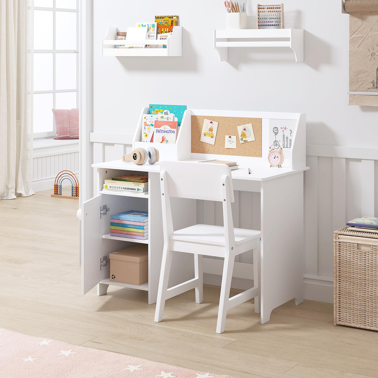 UTEX Kids Study Desk with Chair, Wooden Children School Study Table with Hutch and Chair for 3-8 Years Old, Student's Study Computer Workstation & Writing Table for Home School Use UTEX