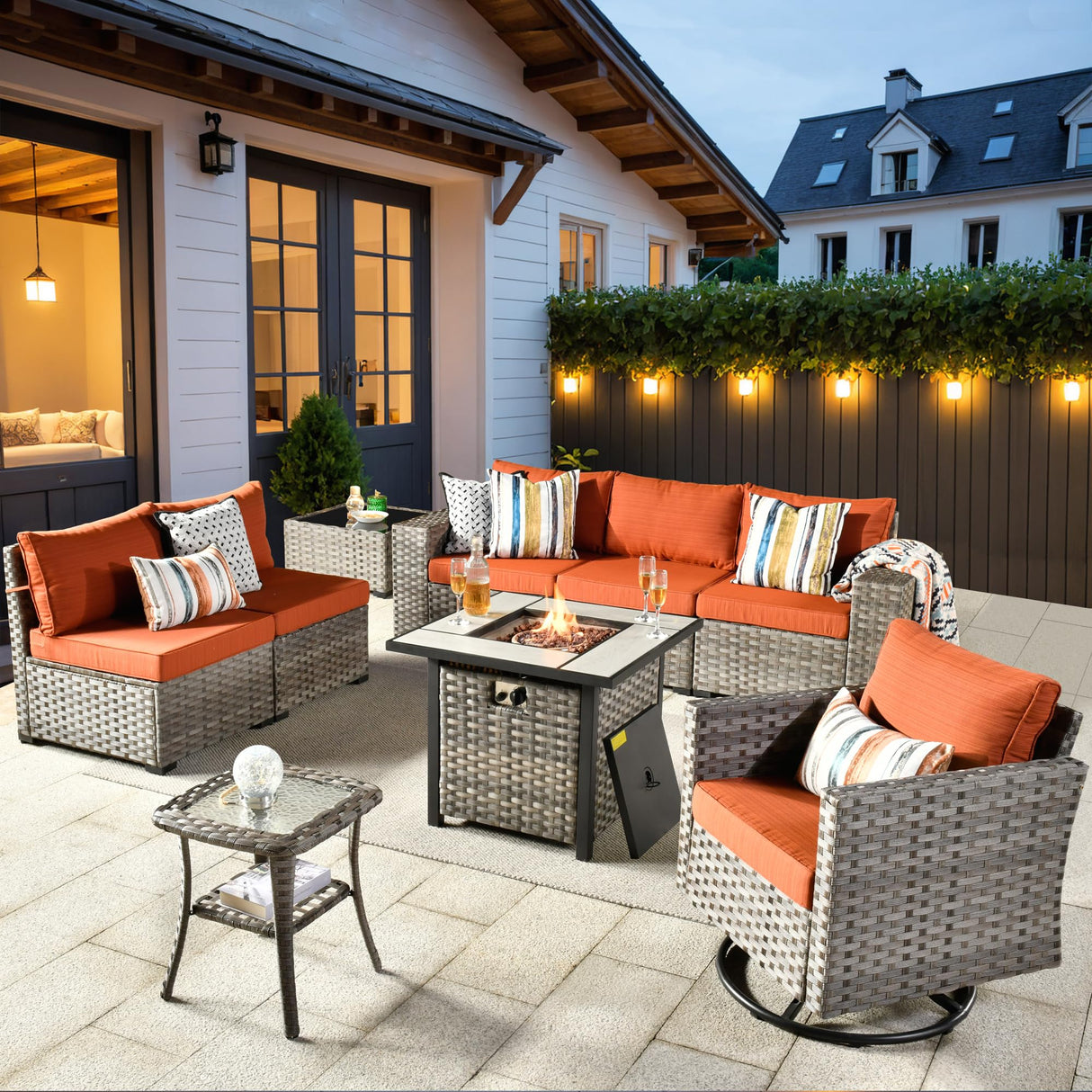 ovios 9 Pieces Patio Furniture Set, Outdoor Wicker Sectional Sofa with 30" Fire Pit Table Swivel Chair, Modern Modular Deep Seat Rattan Couch Conversation Sets, Orange Red ovios