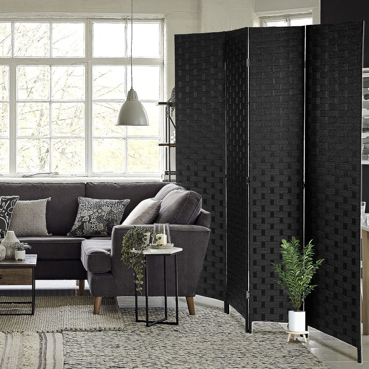 HCY Room Dividers, 4 Panels 6Ft Folding Privacy Screen Wood Mesh Hand-Woven Design for Living Room/Bedroom/Hotel (Black) HCY