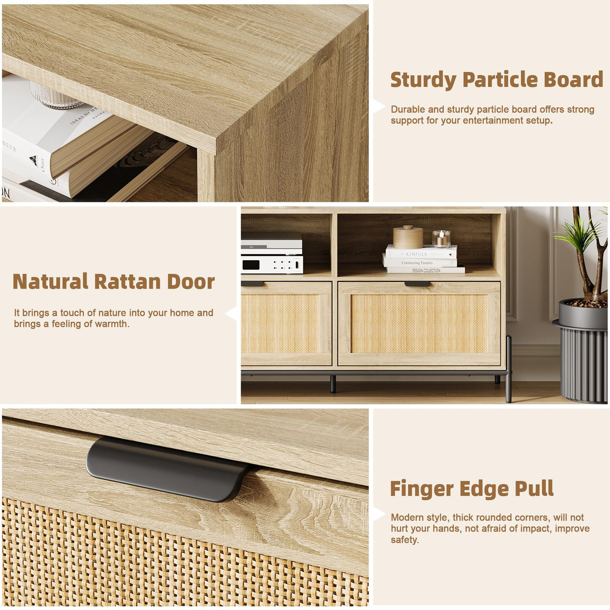 TV Stand for 75 inch TV, Entertainment Center with Storage, 65 Inch TV Console Table with 3 Drawers, Rattan Media Console Cabinet with Metal Legs, Wooden TV Stands for Living Room, Bedroom - Oak IDEALHOUSE