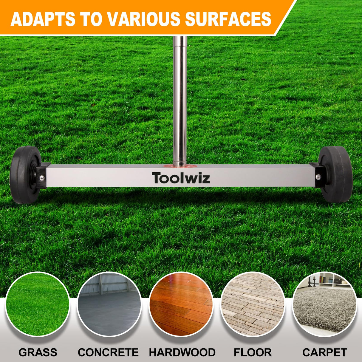 Toolwiz Magnetic Pick Up Sweeper 17-inch Heavy Duty Magnet Pickup Lawn Sweeper Roofing Tools, 8.8 Lbs Yard Tools with Telescoping Holder and Wheels to Clean Nails Adjustable Handle for Construction Toolwiz