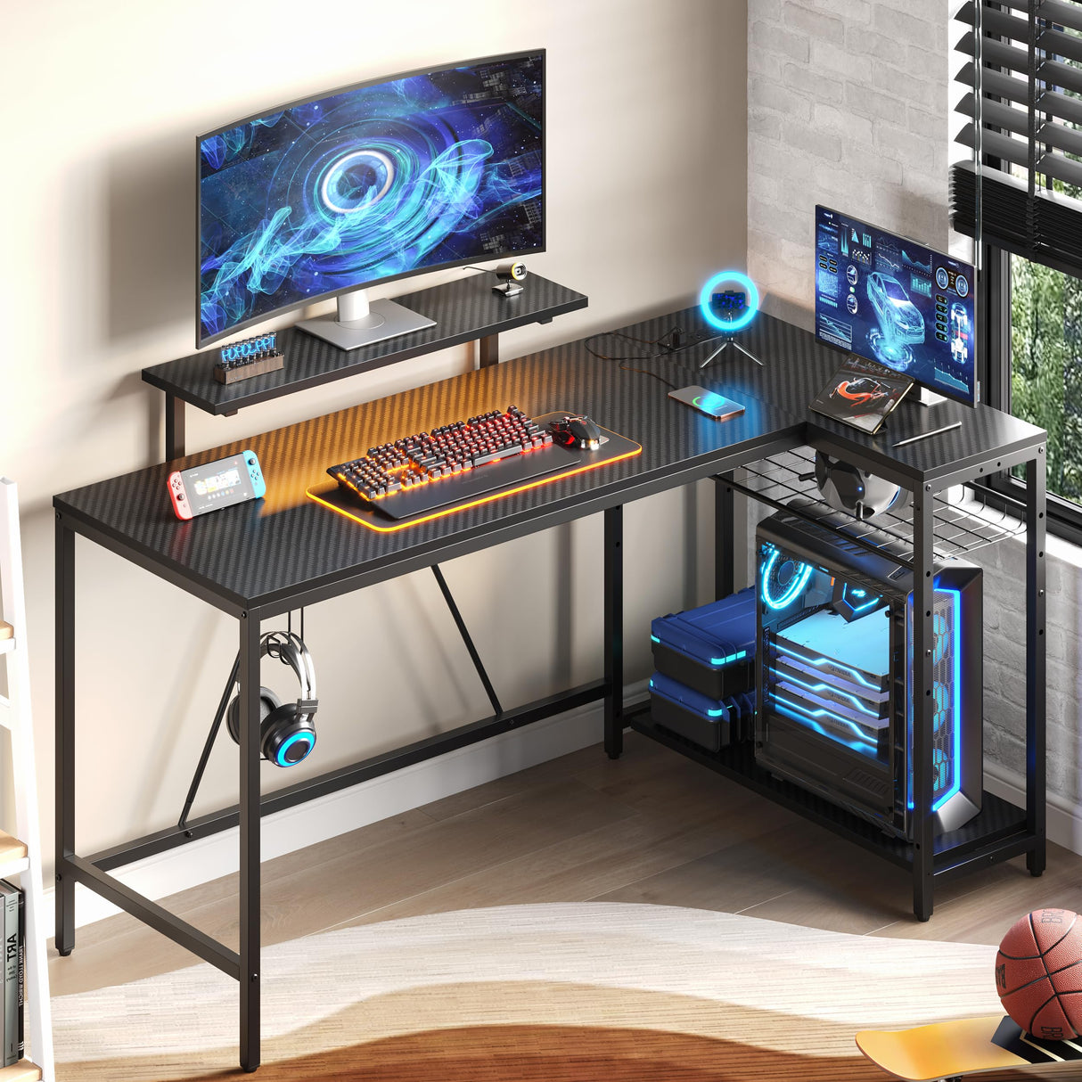 Bestier 58 L Shaped Gaming Desk with LED Lights & Power Outlets,Reversible Home Office Corner Desk with Shelves,Larger PC Workstation with Hooks for Studying,Desk for Bedroom,Carbon Fiber Black Bestier