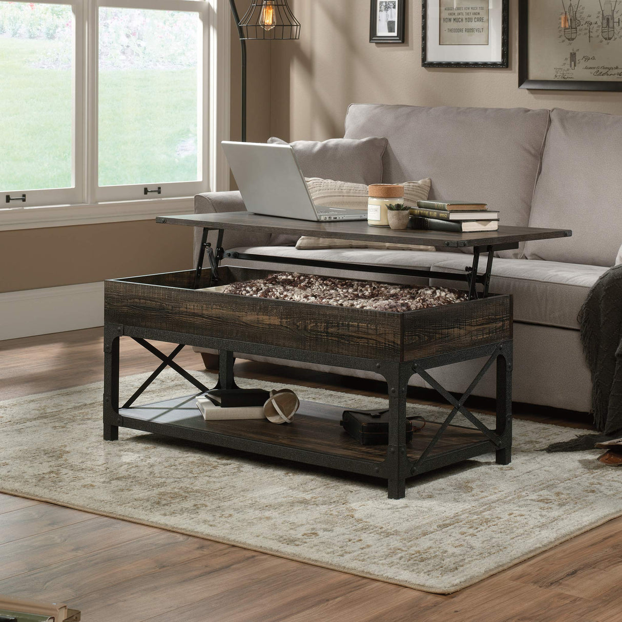 Sauder Steel River Rustic Industrial Style Lift Top Coffee Table, Coated Metal and Carbon Oak